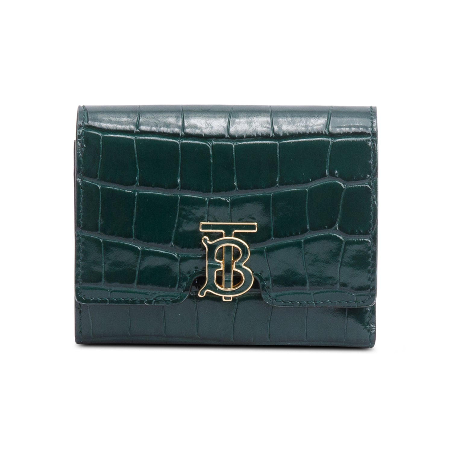 Burberry Green Croc-Embossed Leather TB Compact Wallet w/ Box