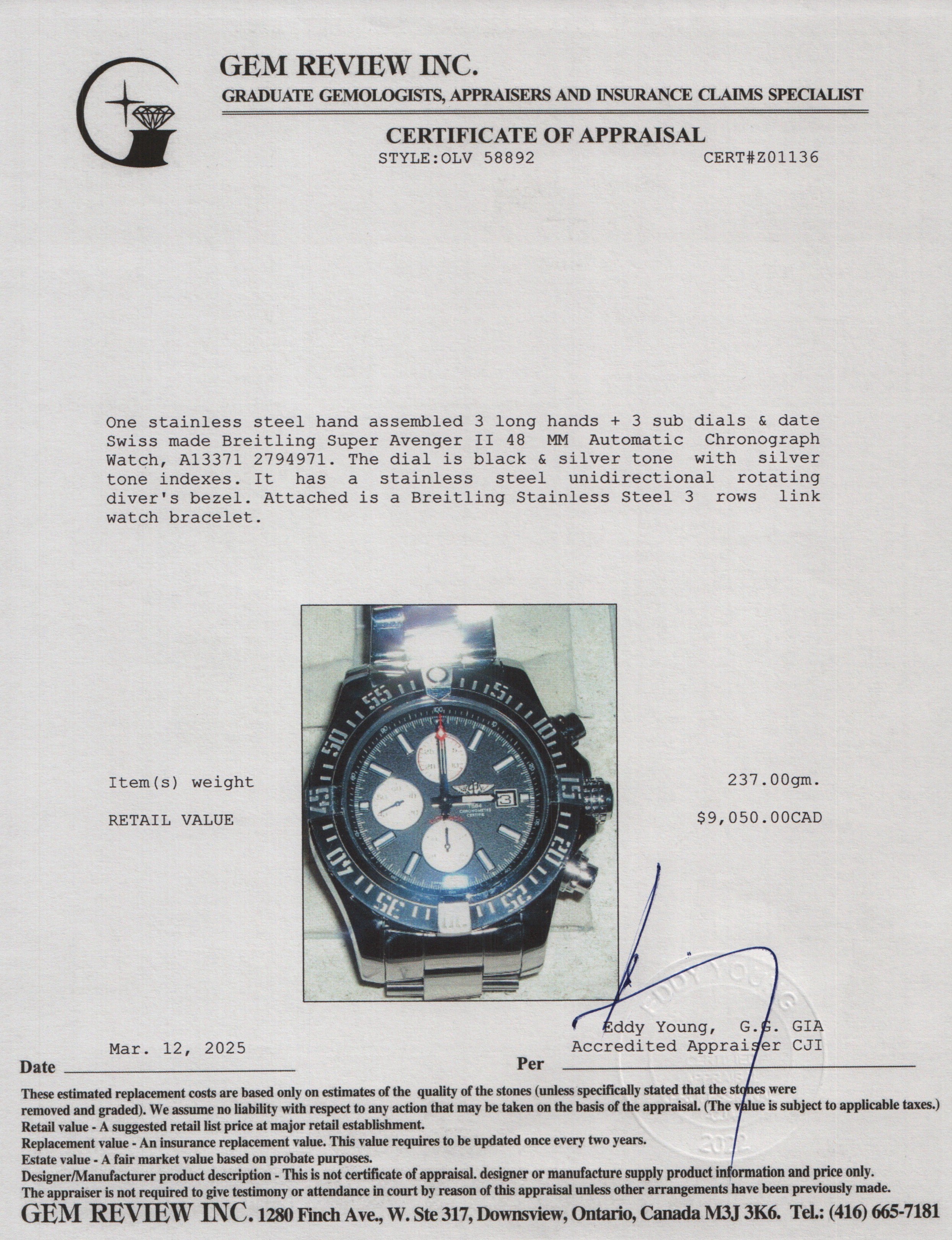 Breitling Stainless Steel Super Avenger II 48 MM Automatic Chronograph Watch Black Dial A13371 w/ Box & Papers