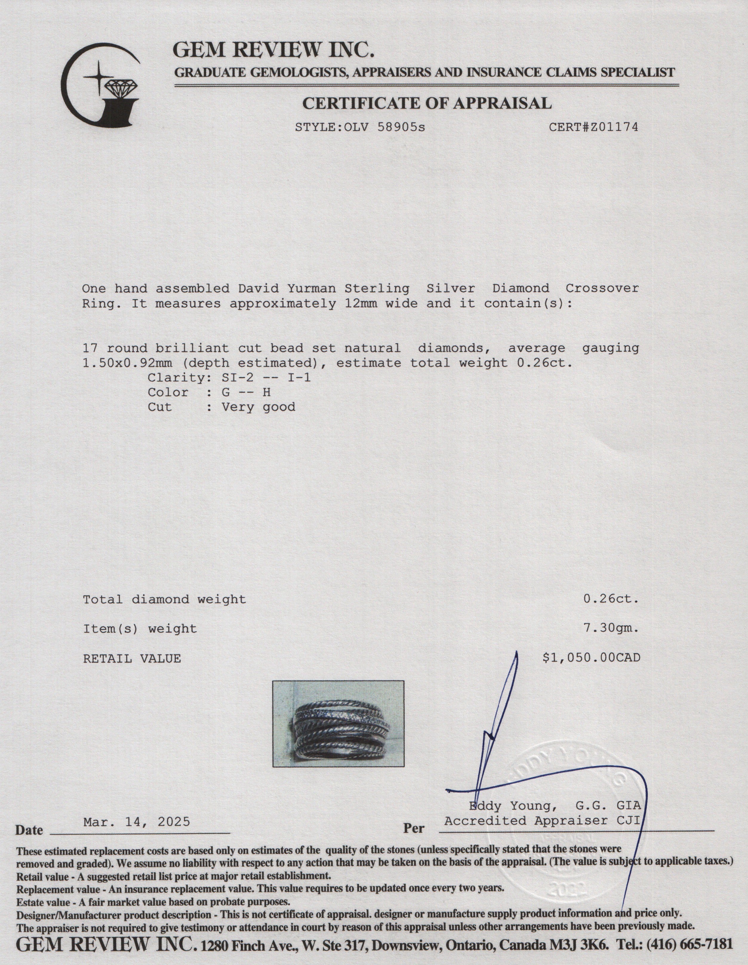 David Yurman Sterling Silver Diamond Crossover Ring, Size 6.75