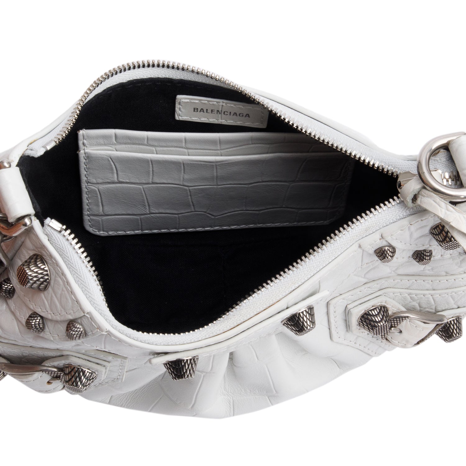 Balenciaga White Crocodile Embossed Leather Mini Le Cagole Crossbody with Chain