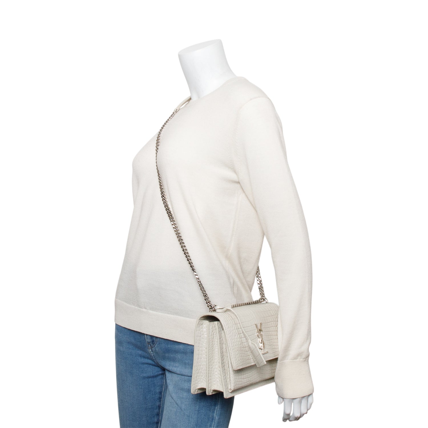 Saint Laurent Ivory Medium Crocodile Embossed Sunset Bag
