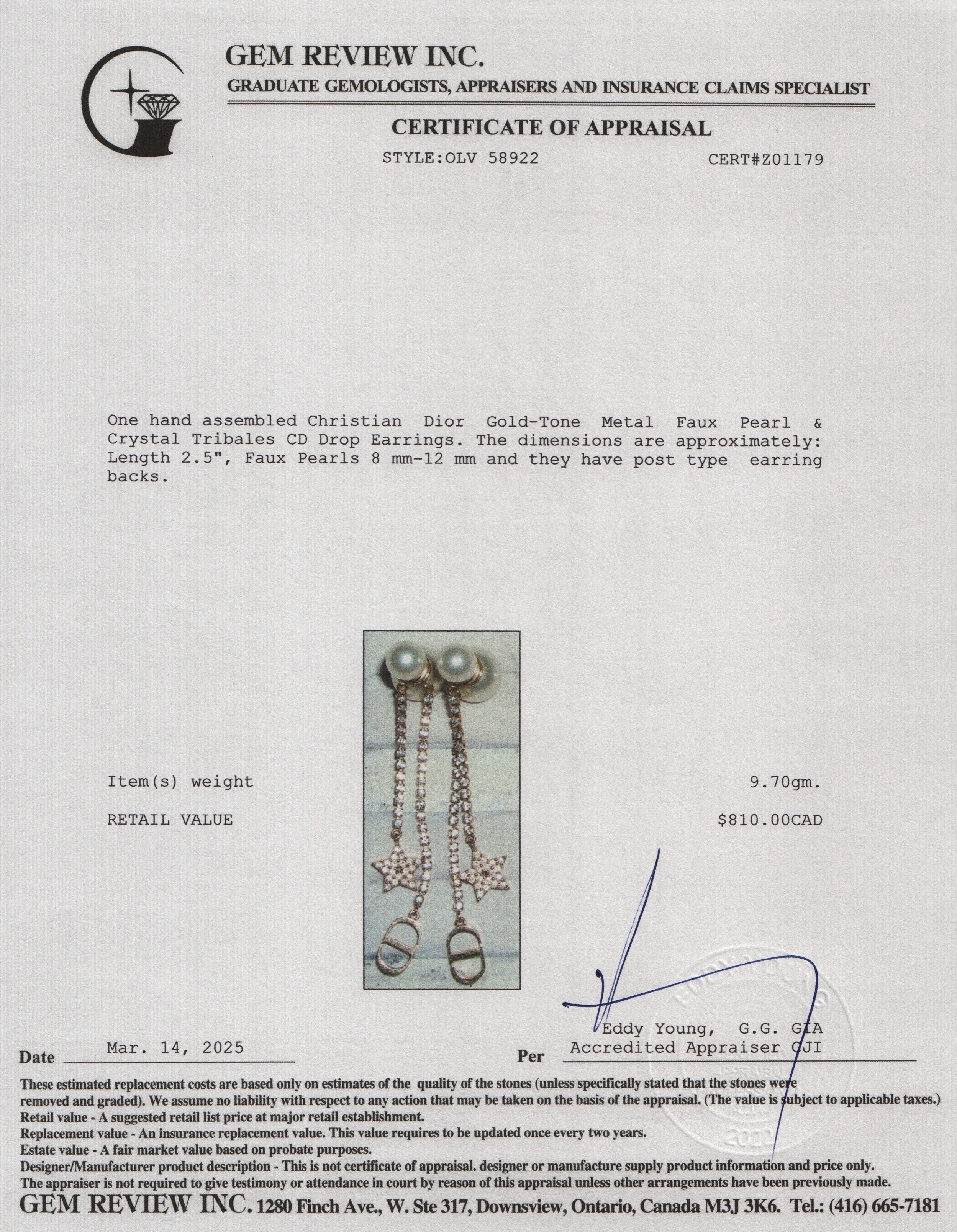 Christian Dior Gold-Tone Metal Faux Pearl & Crystal Tribales CD Drop Earrings w/ Box