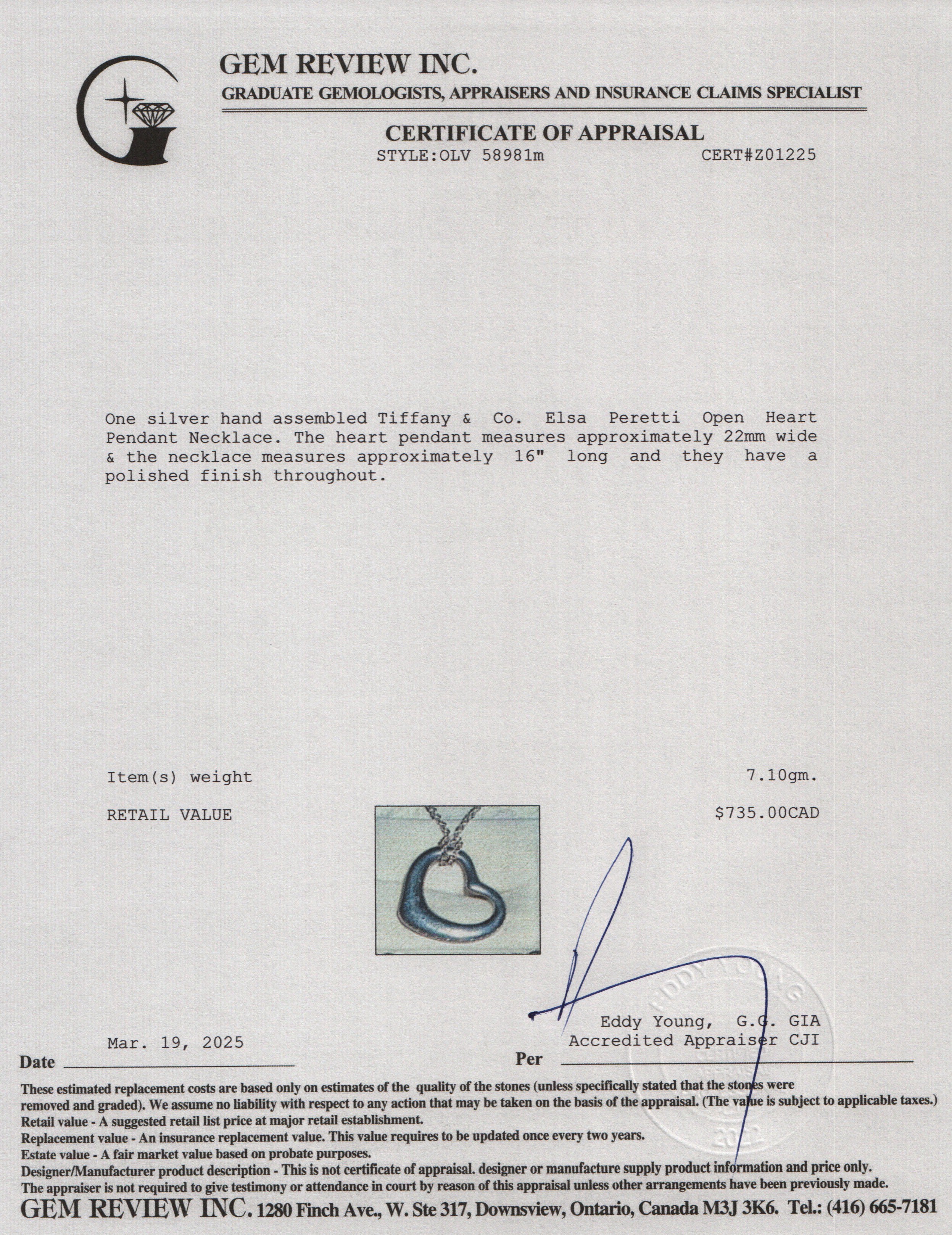 Tiffany & Co. Elsa Peretti Sterling Silver Open Heart Pendant Necklace, 22 MM