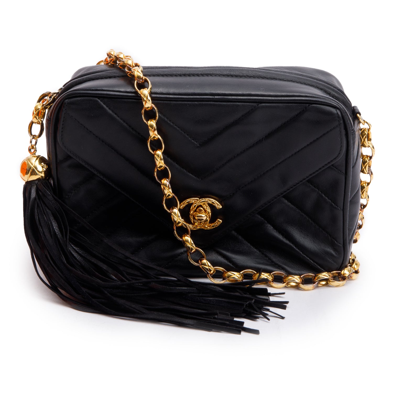 Chanel Vintage Black Chevron Lambskin Leather CC Tassel Bijoux Chain Camera Bag w/ Authenticity Card