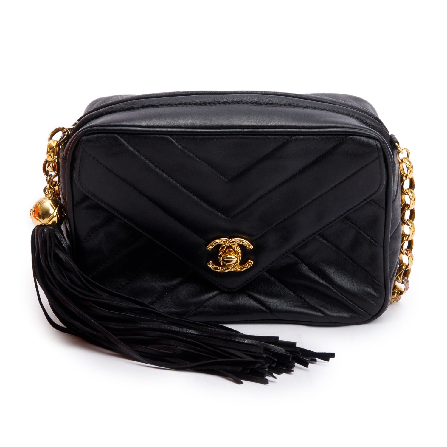 Chanel Vintage Black Chevron Lambskin Leather CC Tassel Bijoux Chain Camera Bag w/ Authenticity Card
