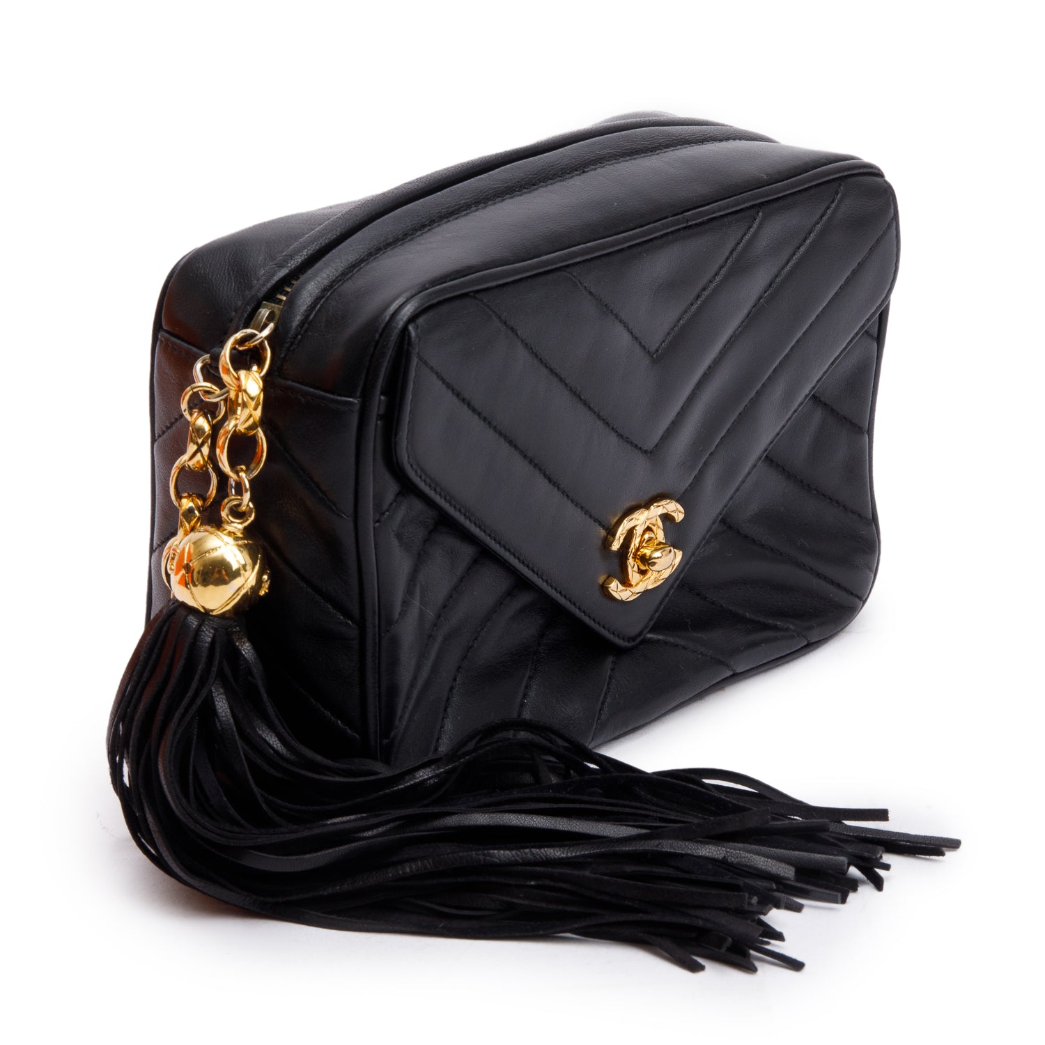 Chanel Vintage Black Chevron Lambskin Leather CC Tassel Bijoux Chain Camera Bag w/ Authenticity Card
