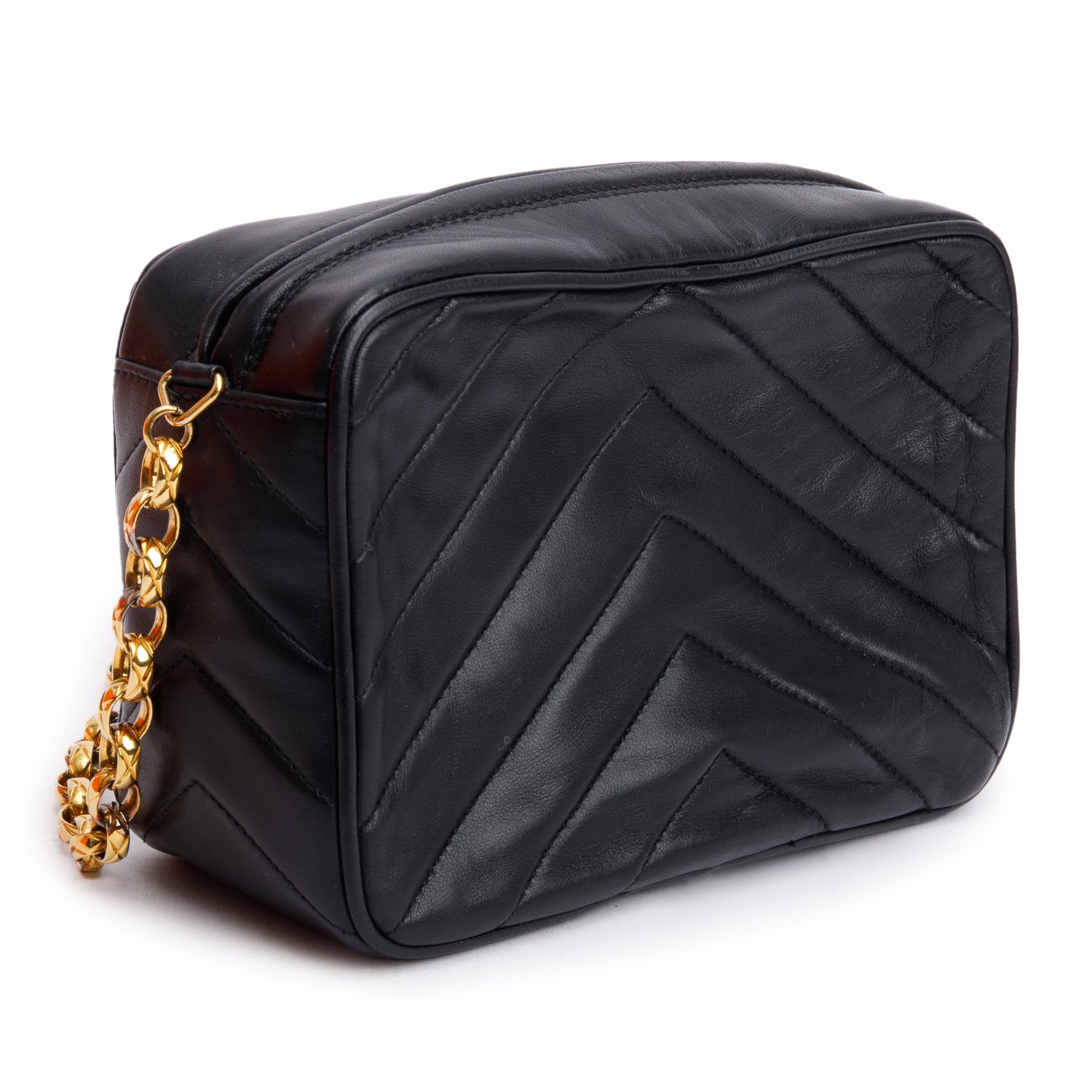 Chanel Vintage Black Chevron Lambskin Leather CC Tassel Bijoux Chain Camera Bag w/ Authenticity Card