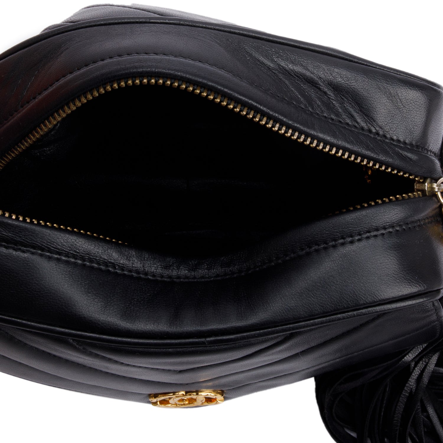 Chanel Vintage Black Chevron Lambskin Leather CC Tassel Bijoux Chain Camera Bag w/ Authenticity Card