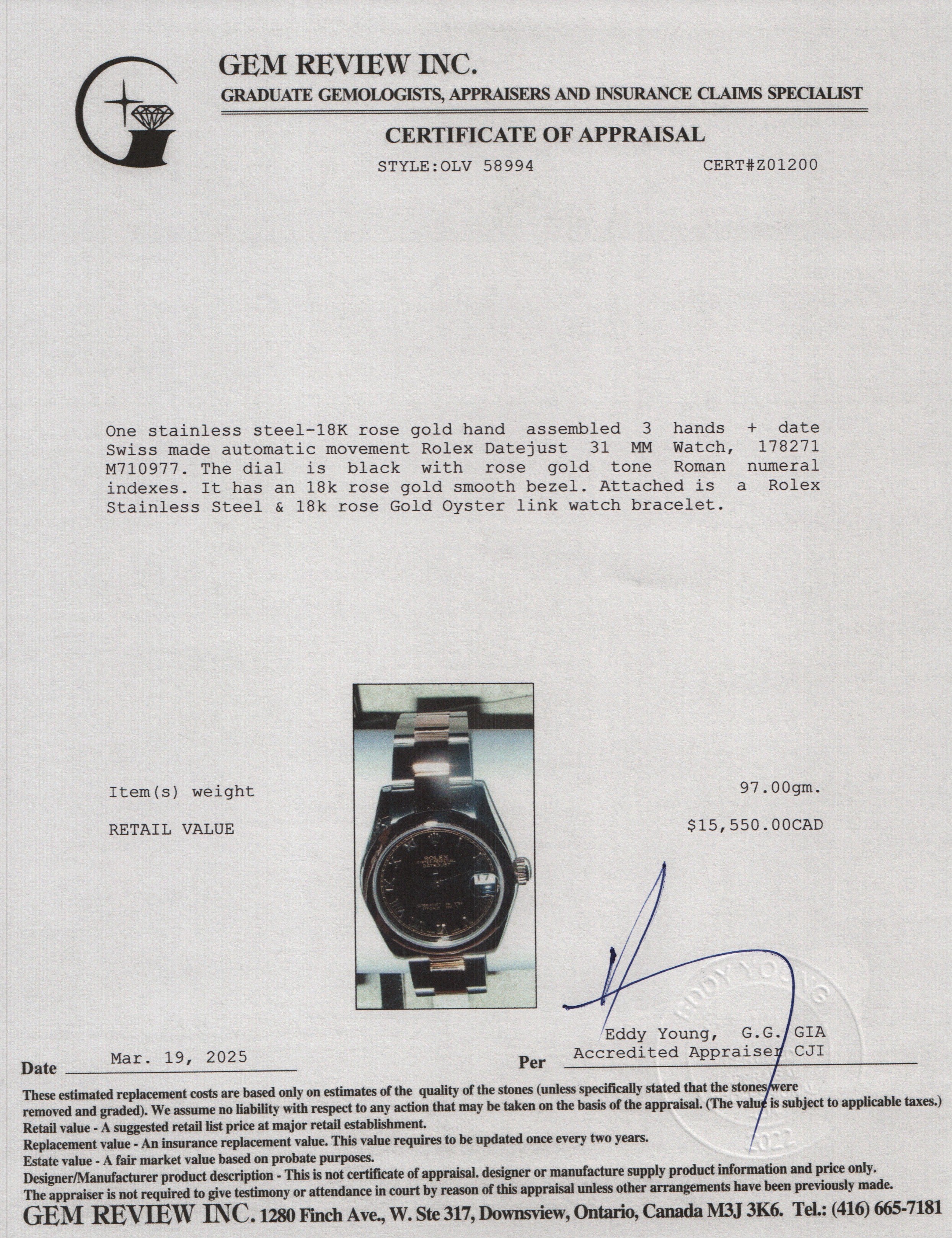 Rolex Stainless Steel & 18k Rose Gold Datejust 31 MM Watch Black Roman Numeral Dial 178271