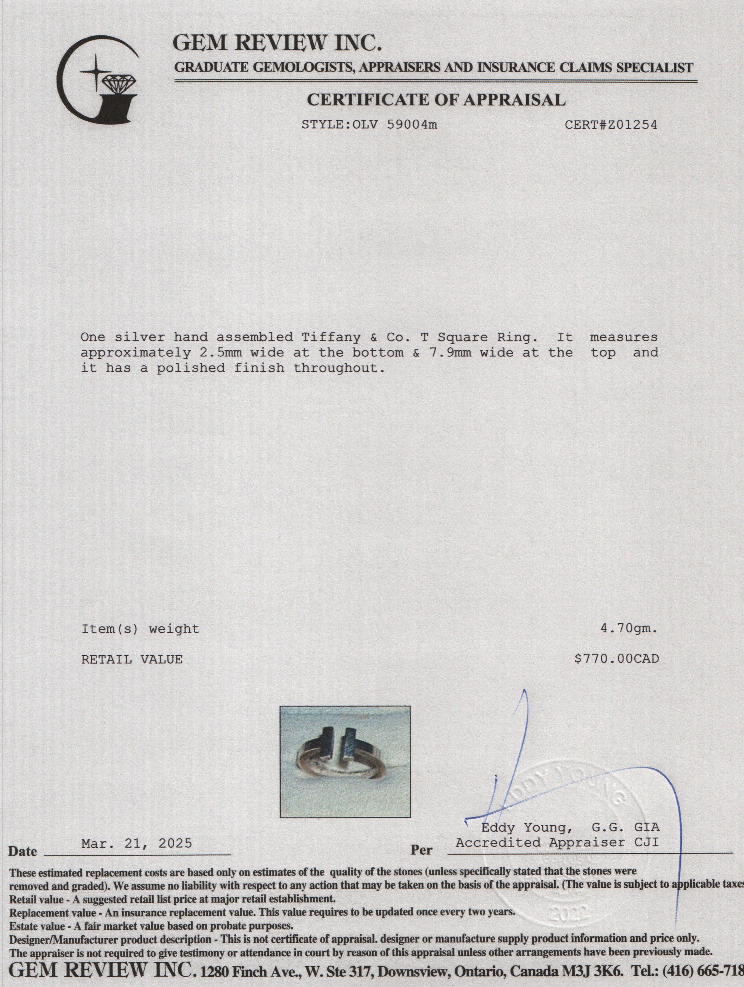 Tiffany & Co. Sterling Silver T Square Ring, Size 9.75