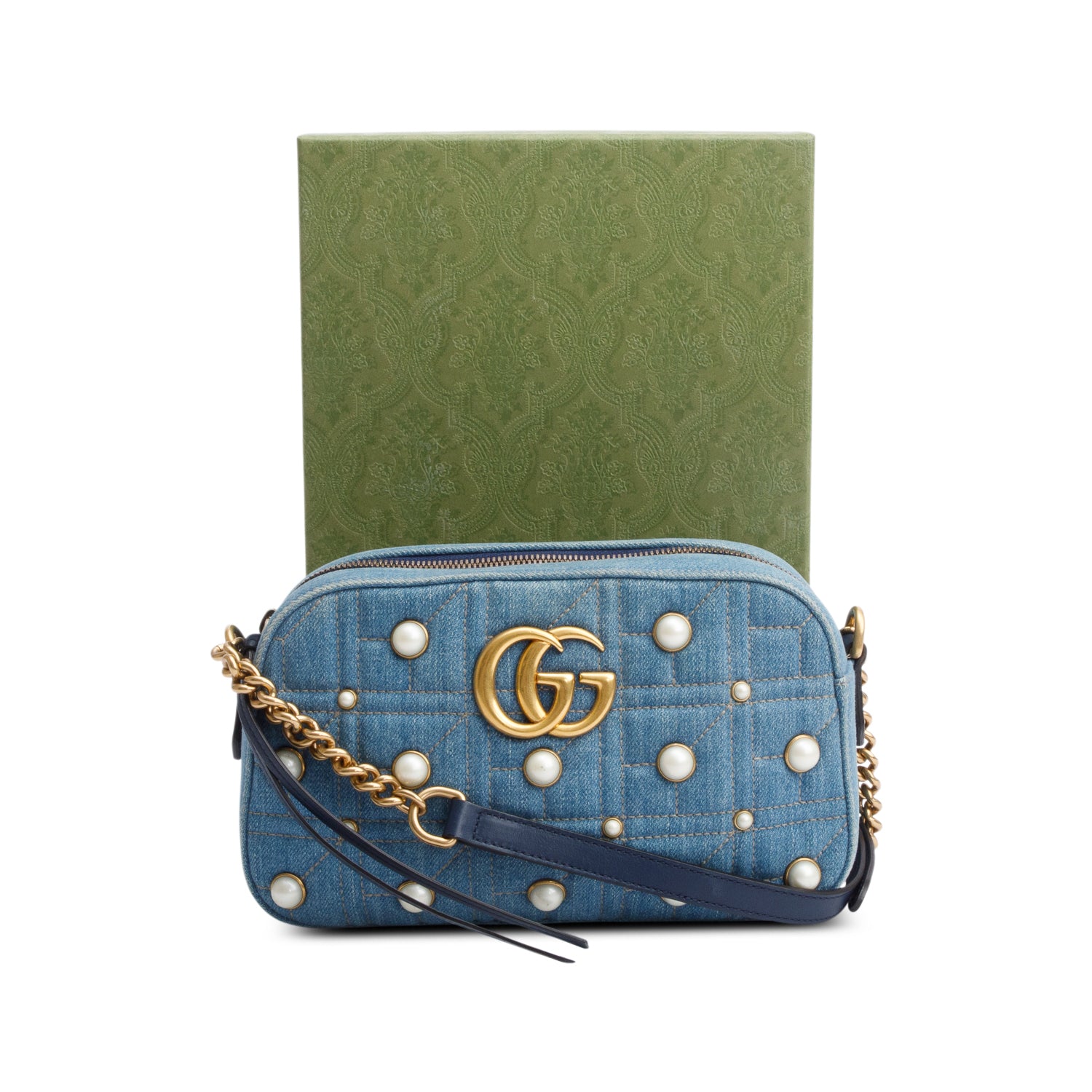 Gucci Blue Denim GG Marmont Pearly GG Small Shoulder Bag w/ Box