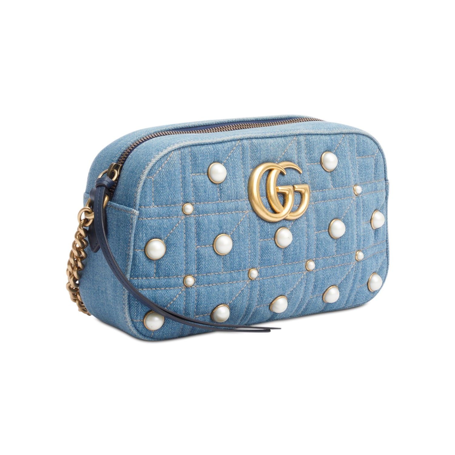 Gucci Blue Denim GG Marmont Pearly GG Small Shoulder Bag w/ Box