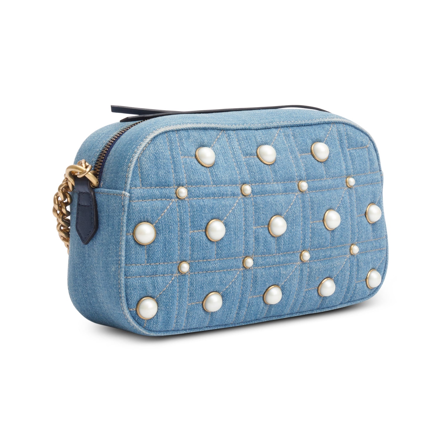 Gucci Blue Denim GG Marmont Pearly GG Small Shoulder Bag w/ Box