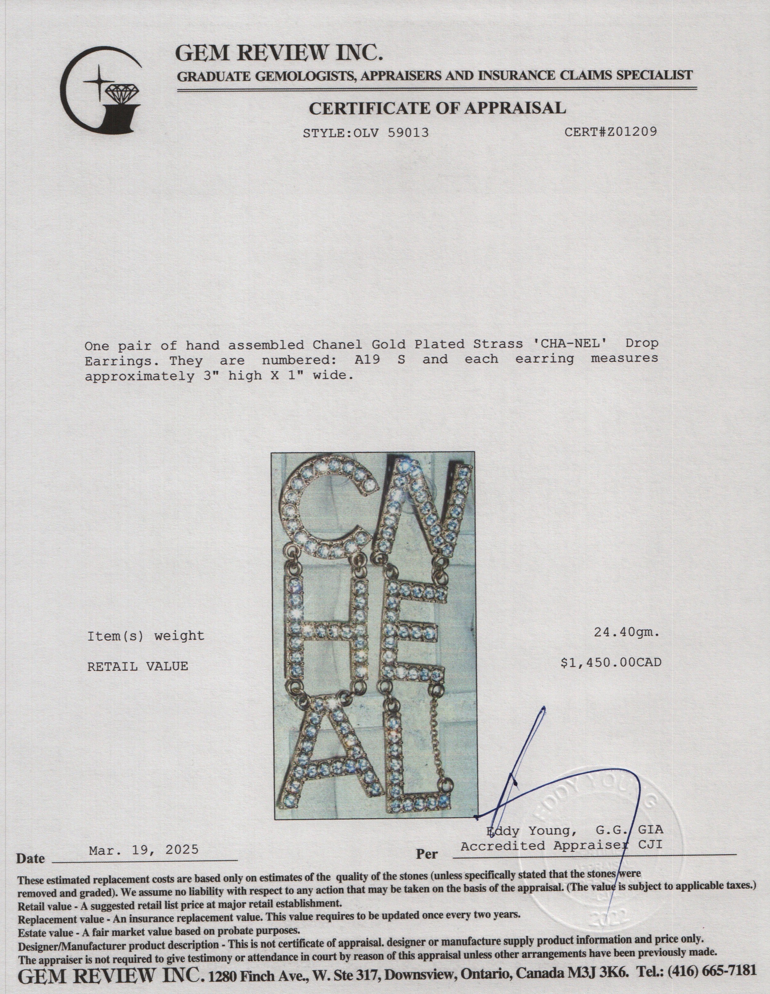 Chanel Gold Plated Strass 'CHA-NEL' Drop Earrings w/ Box