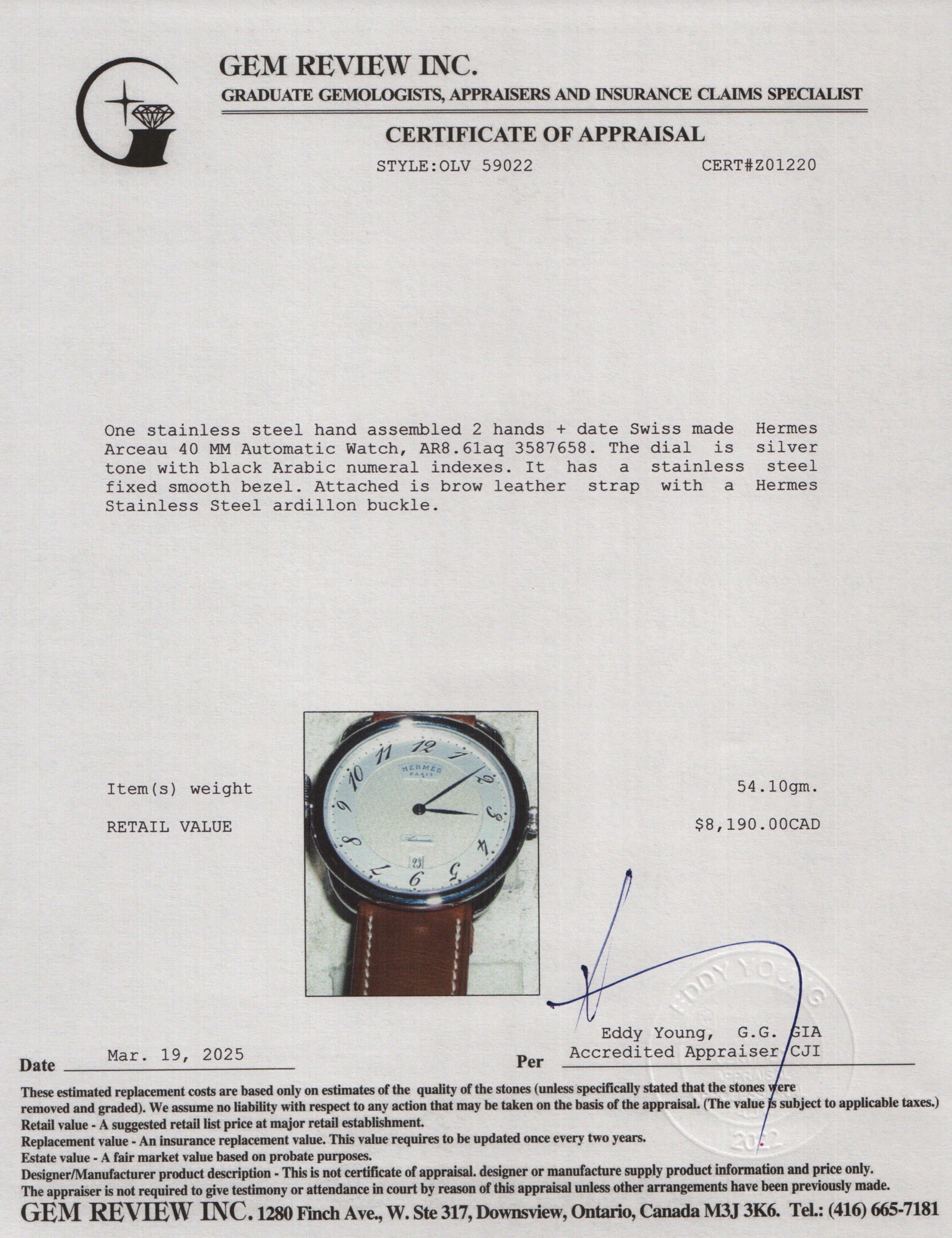 Hermes Stainless Steel Arceau 40 MM Automatic Watch w/ Box & Papers