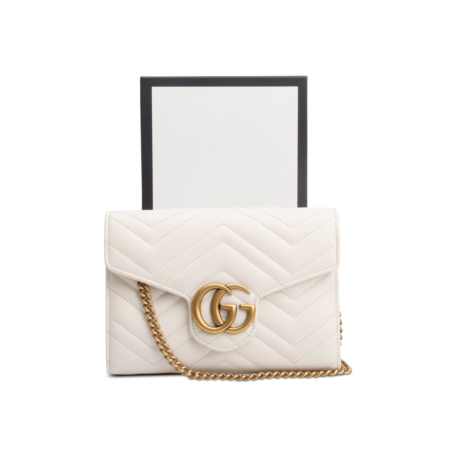 Gucci White GG Marmont Mini Wallet on Chain w/ Box