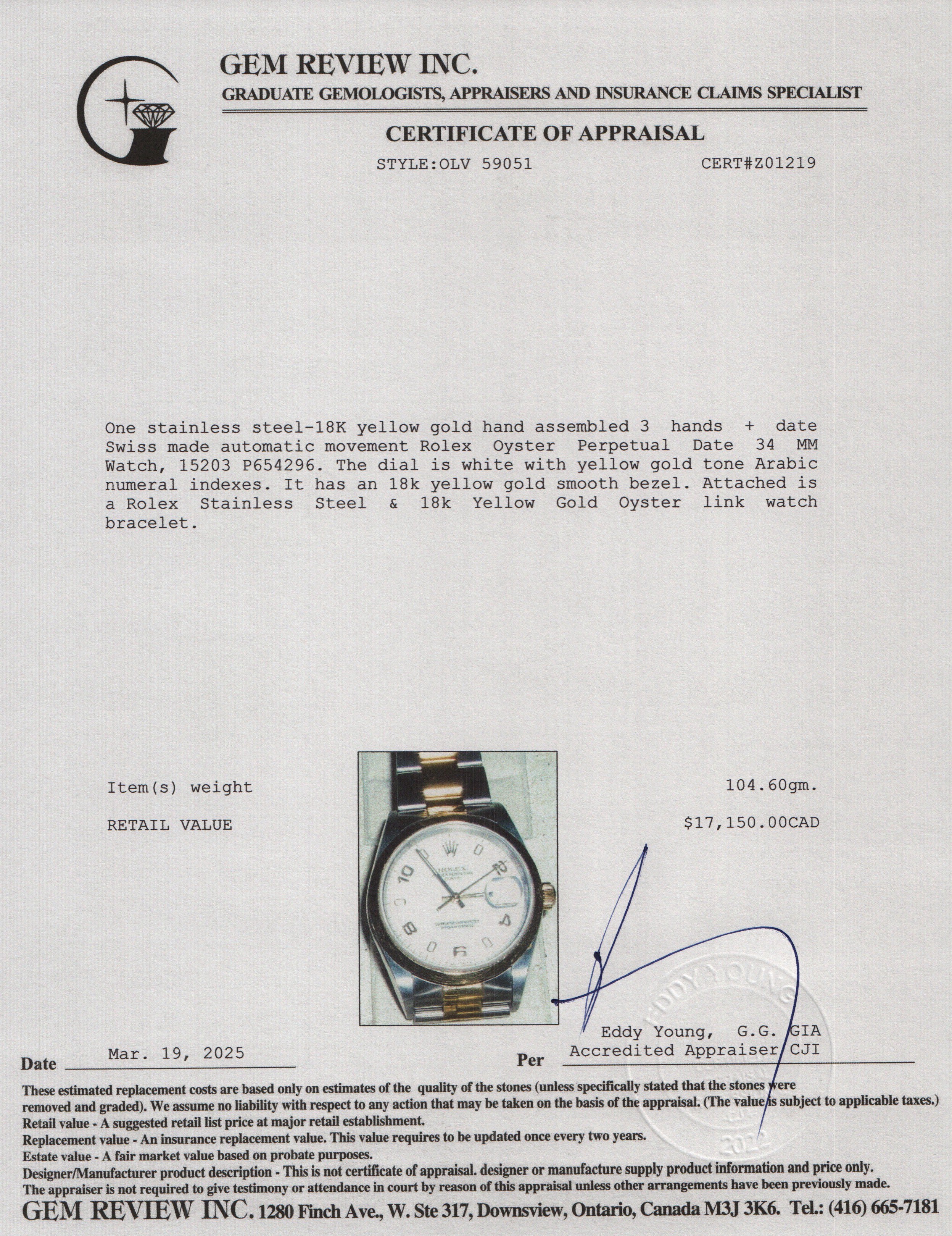 Rolex Stainless Steel & 18k Yellow Gold Oyster Perpetual Date 34 MM Watch White Dial 15203 w Box & Papers