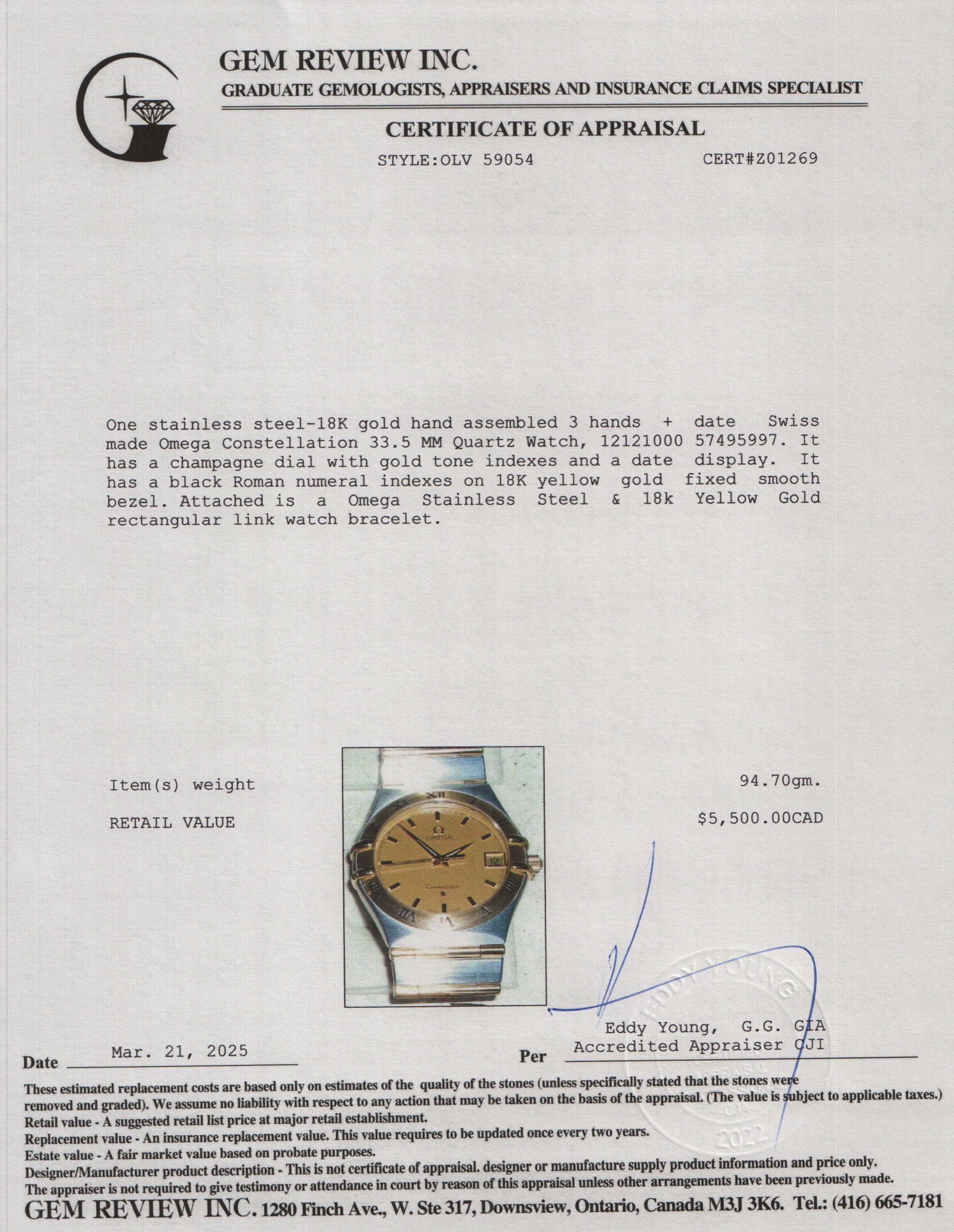 Omega Stainless Steel & 18k Yellow Gold Constellation 33.5 MM Quartz Watch w/ Papers