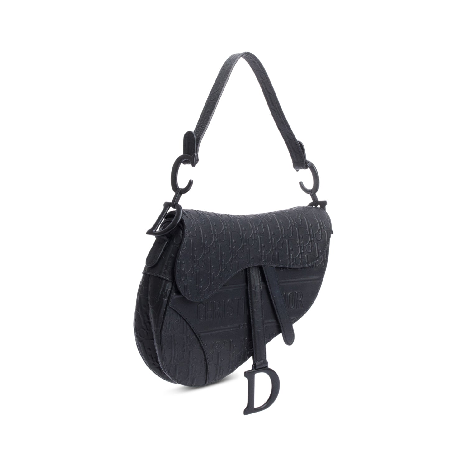 Christian 2022 Dior Black Oblique Embossed Calfskin Leather Saddle Bag