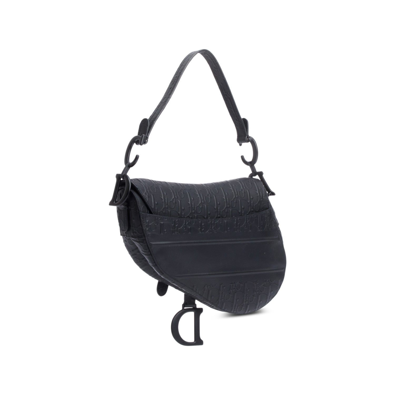 Christian 2022 Dior Black Oblique Embossed Calfskin Leather Saddle Bag