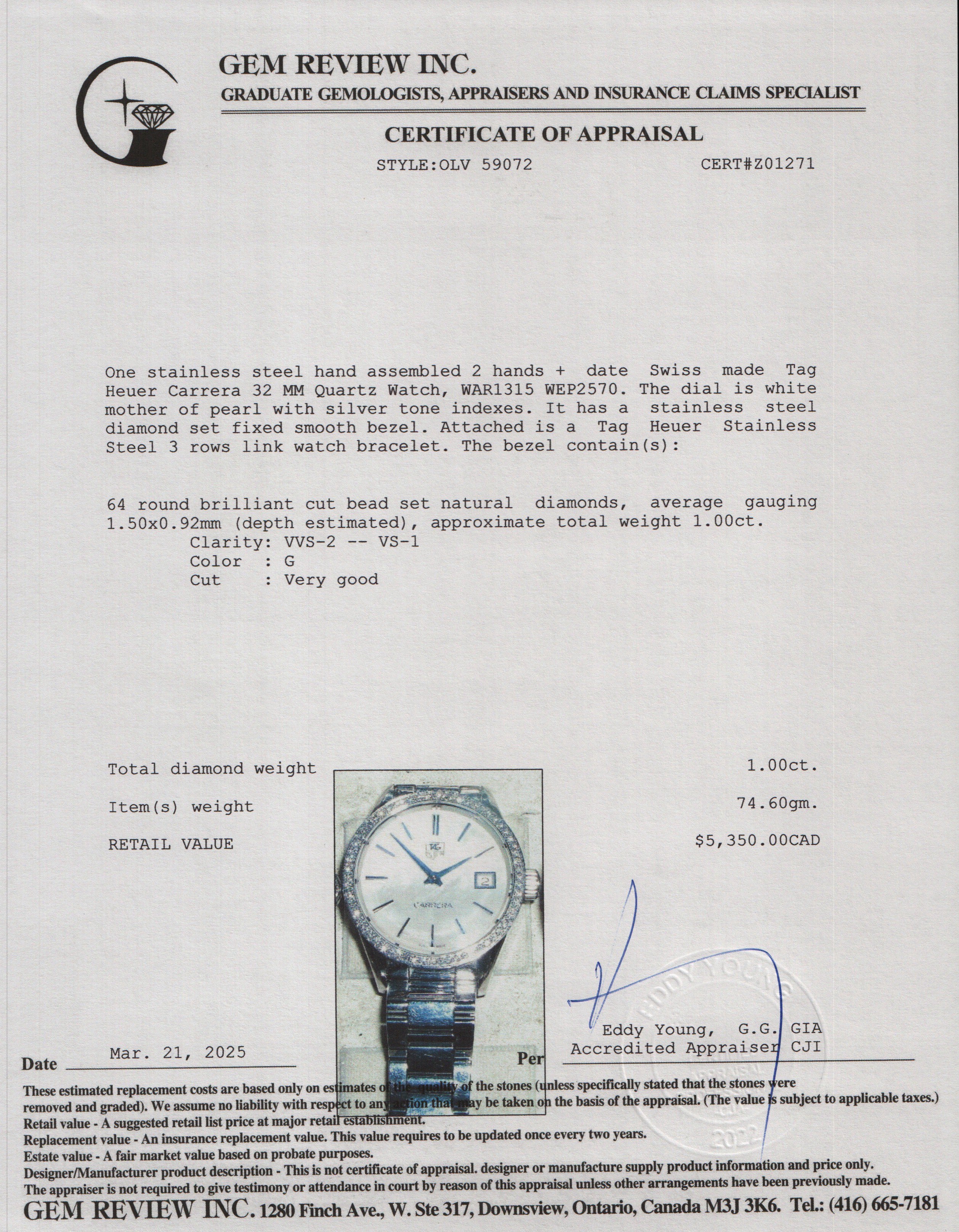 Tag Heuer Stainless Steel Diamond Bezel & Mother of Pearl Dial Carrera 32 MM Quartz Watch WAR1315 w/ Box