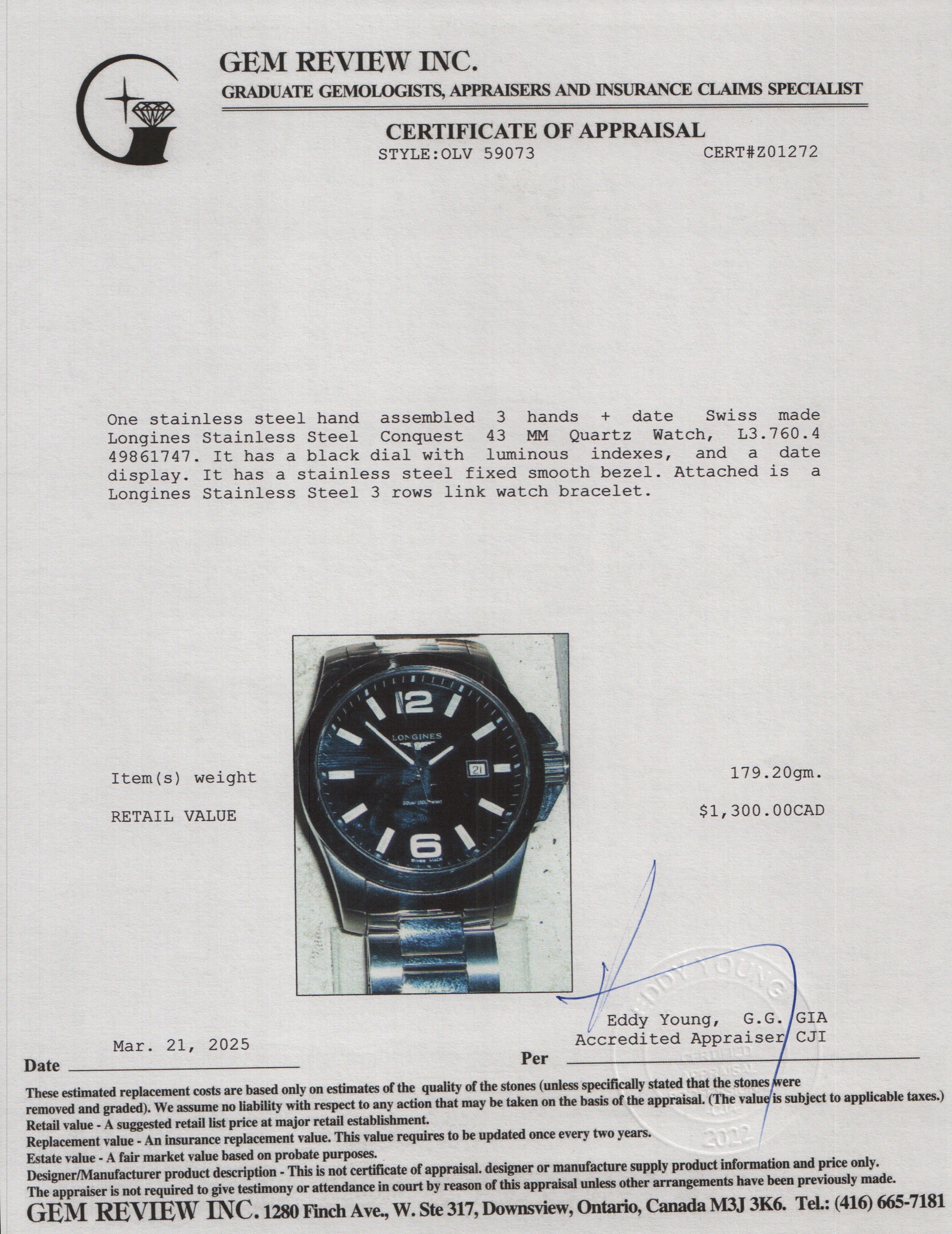 Longines Stainless Steel Conquest 43 MM Quartz Watch w/ Box & Papers