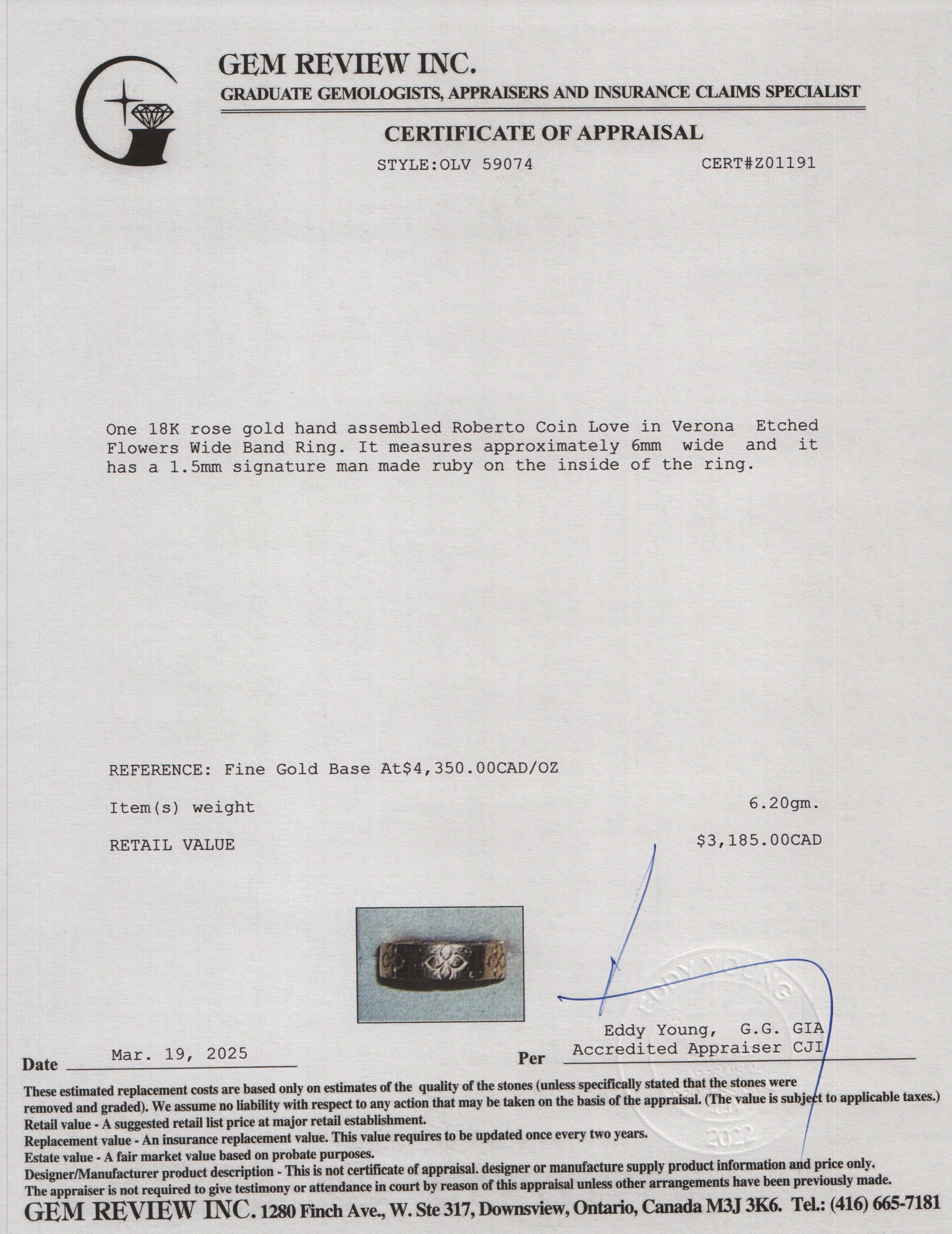 Roberto Coin 18k Rose Gold Love in Verona Etched Flowers Wide Band Ring, Size 8.5 w/ Box