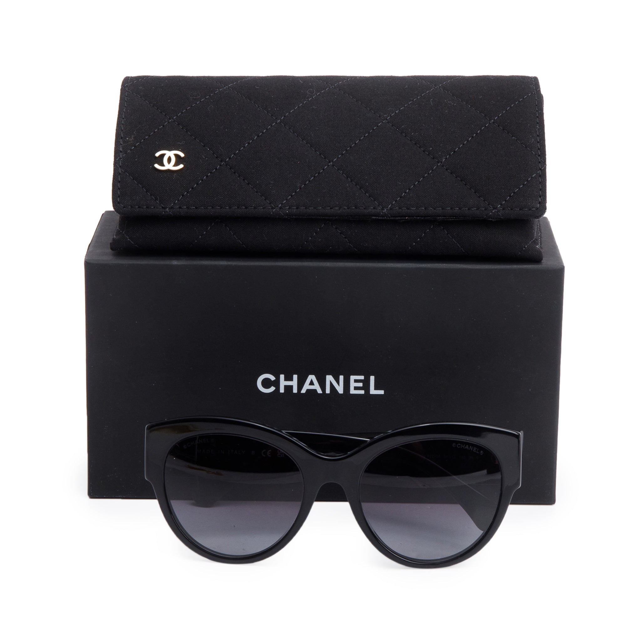 Chanel 5498-B-A Black Acetate Strass CC Logo Round Sunglasses w/ Box & Case