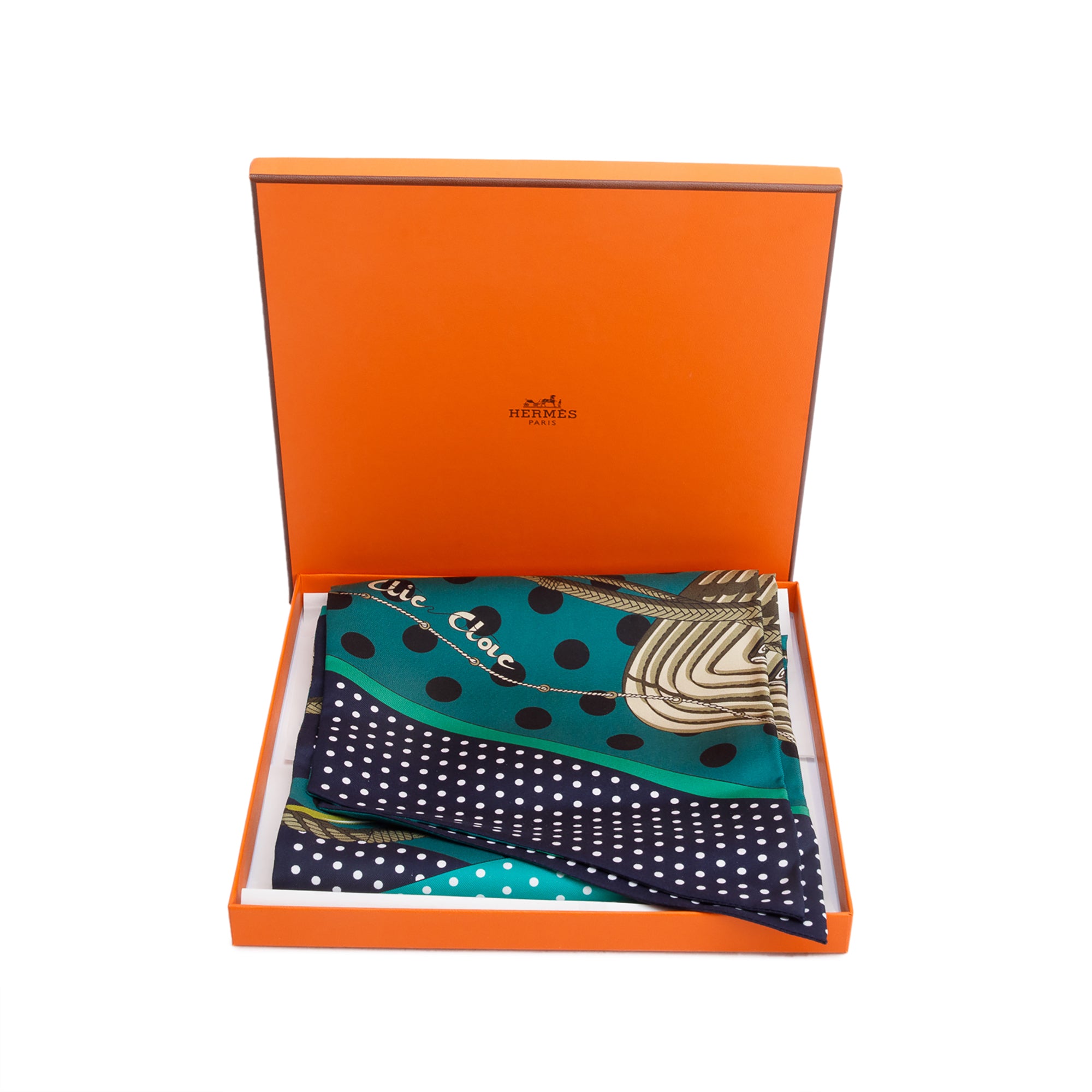Hermes Green/Multicolor 'Clic Clac' Maxi Twilly Long Silk Scarf w/ Box