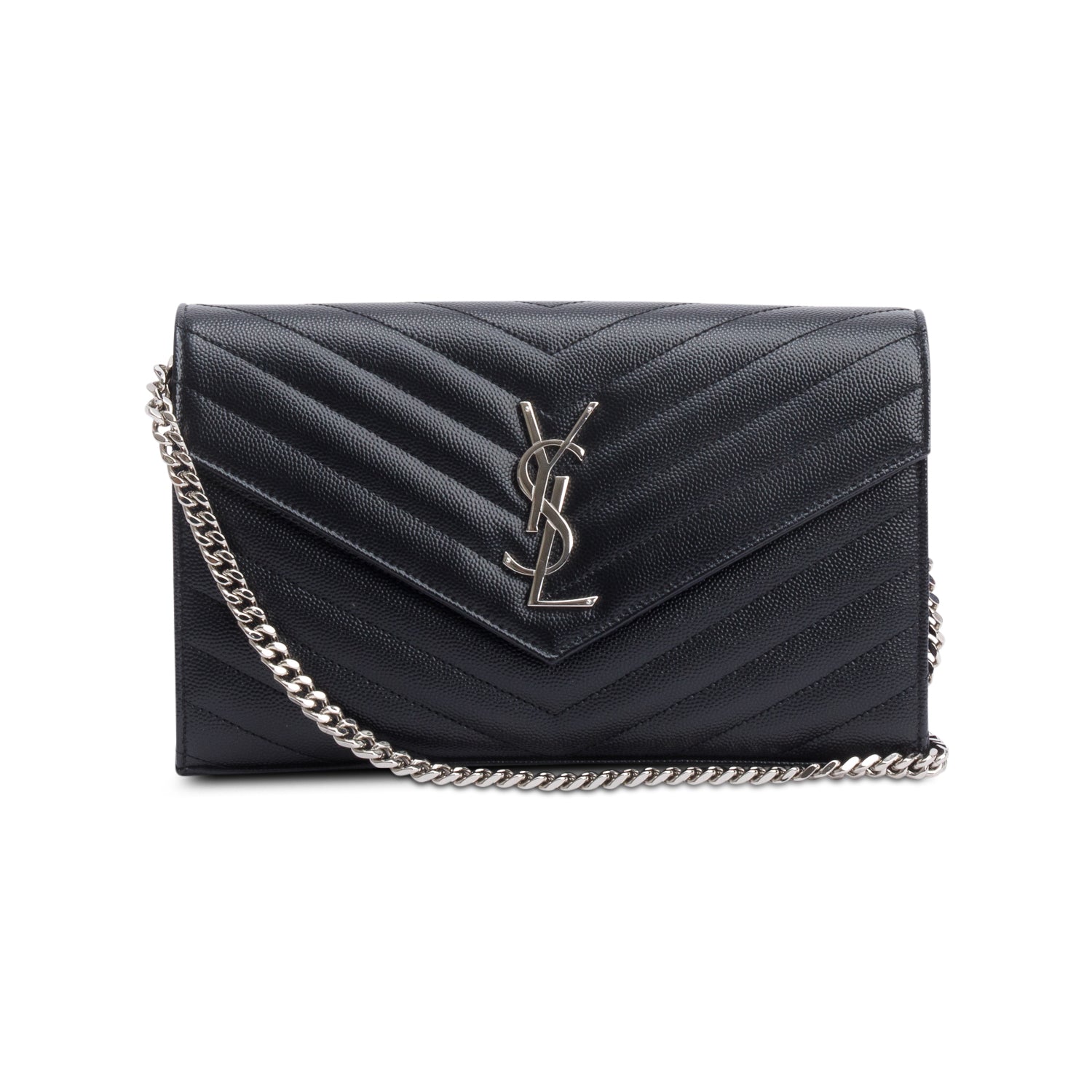 Saint Laurent 2022 Black Grain De Poudre Leather Cassandre Envelope Chain Wallet w/ Box