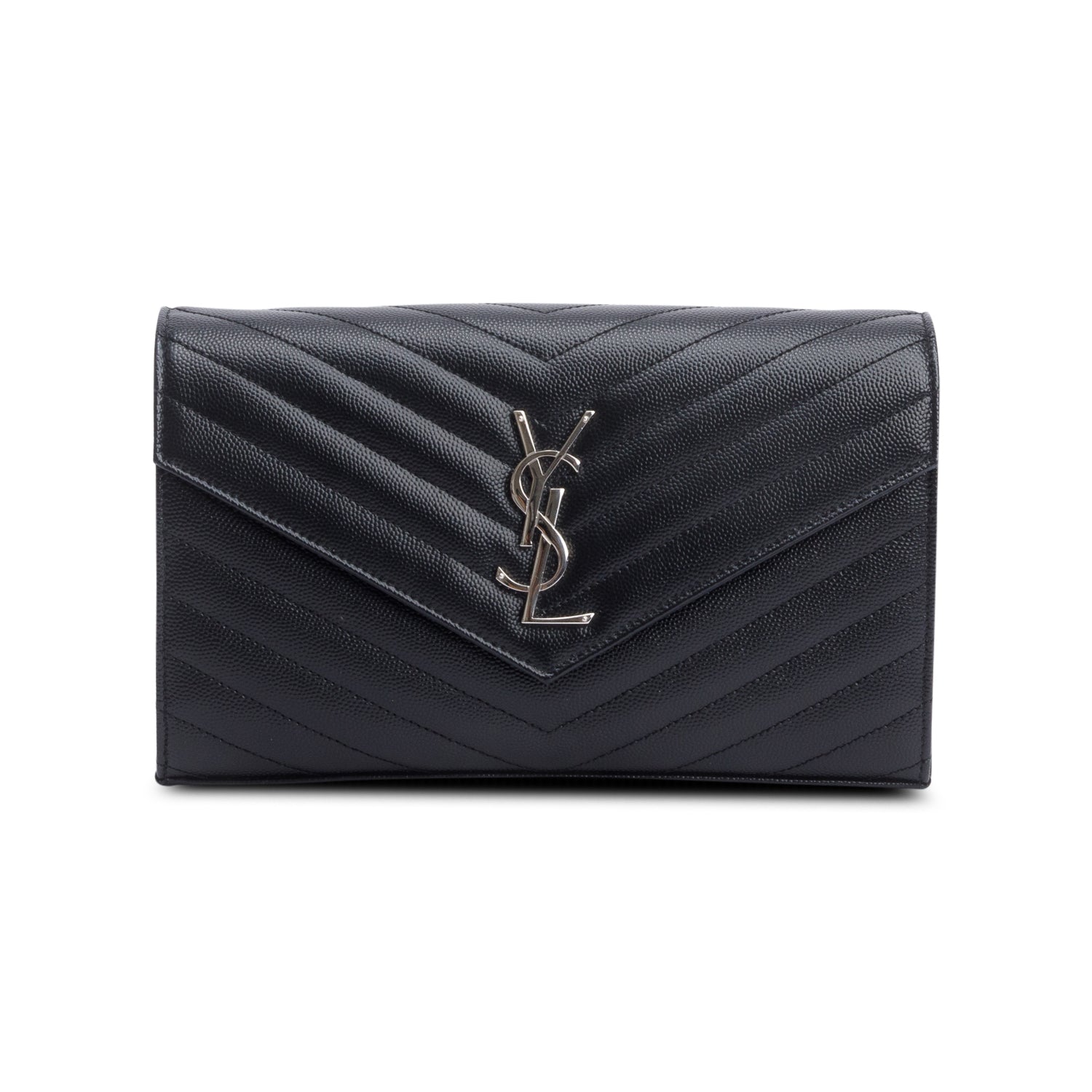 Saint Laurent 2022 Black Grain De Poudre Leather Cassandre Envelope Chain Wallet w/ Box