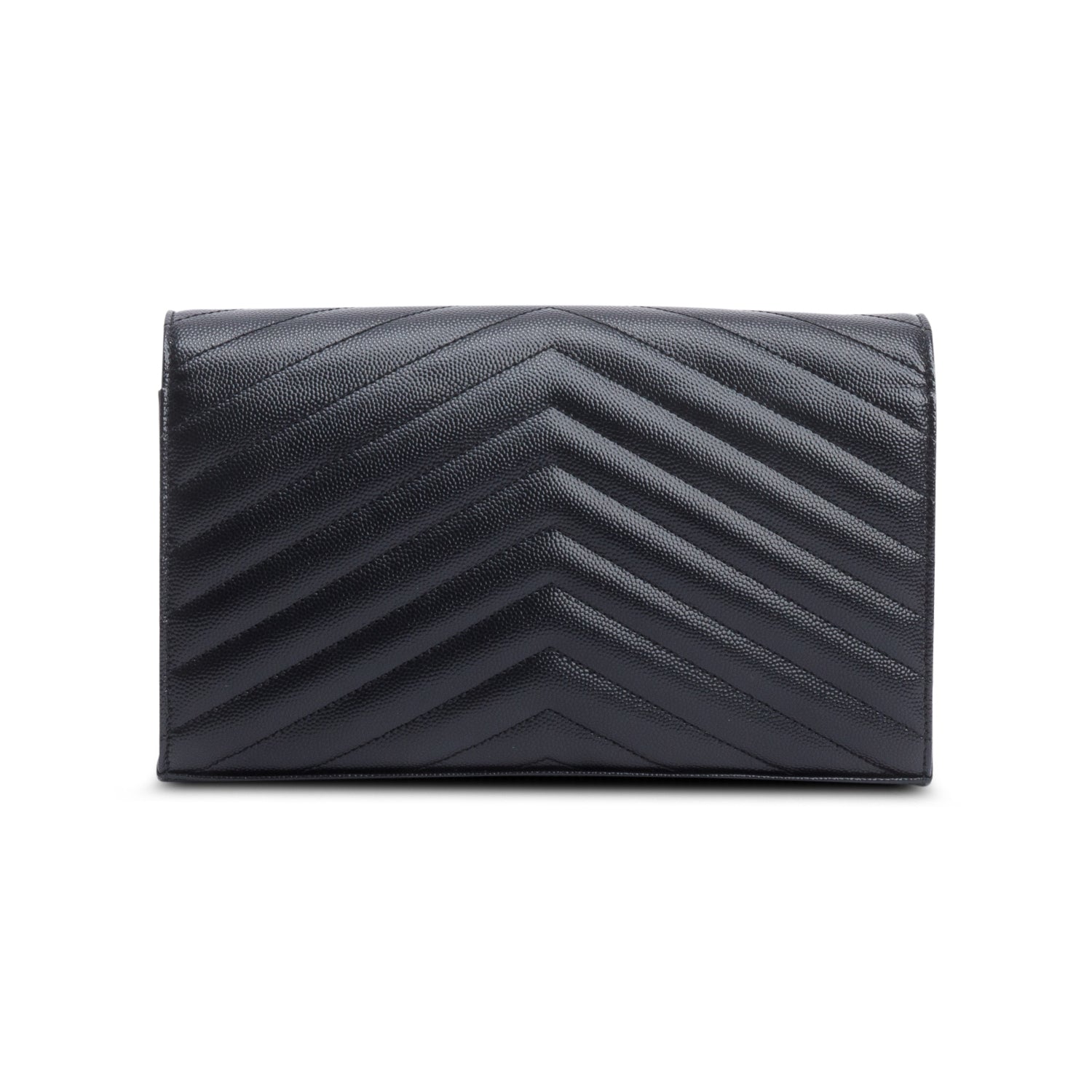 Saint Laurent 2022 Black Grain De Poudre Leather Cassandre Envelope Chain Wallet w/ Box