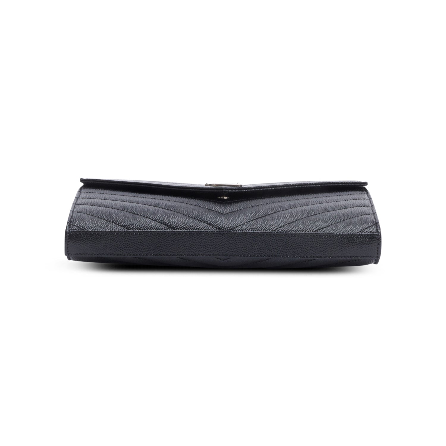 Saint Laurent 2022 Black Grain De Poudre Leather Cassandre Envelope Chain Wallet w/ Box