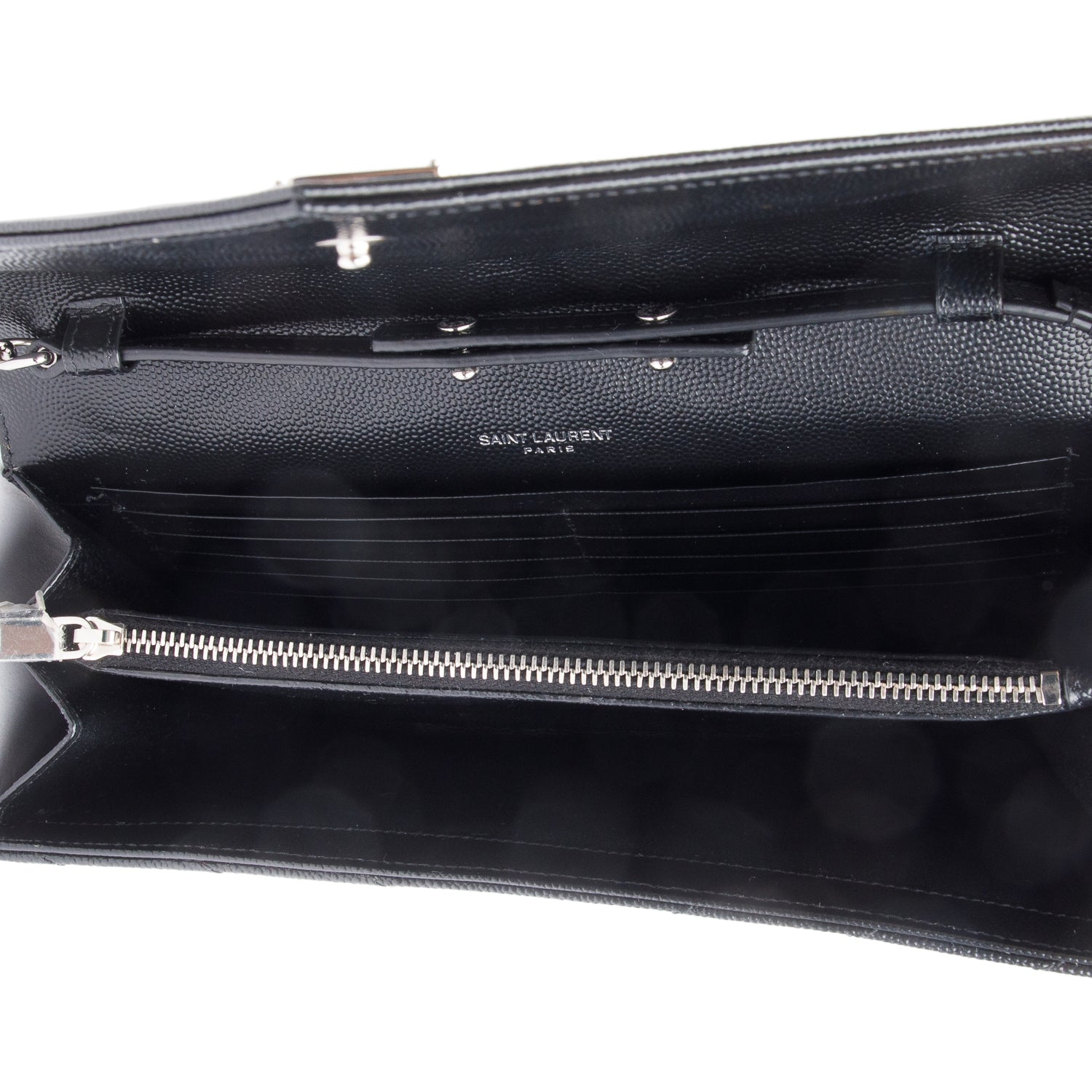 Saint Laurent 2022 Black Grain De Poudre Leather Cassandre Envelope Chain Wallet w/ Box