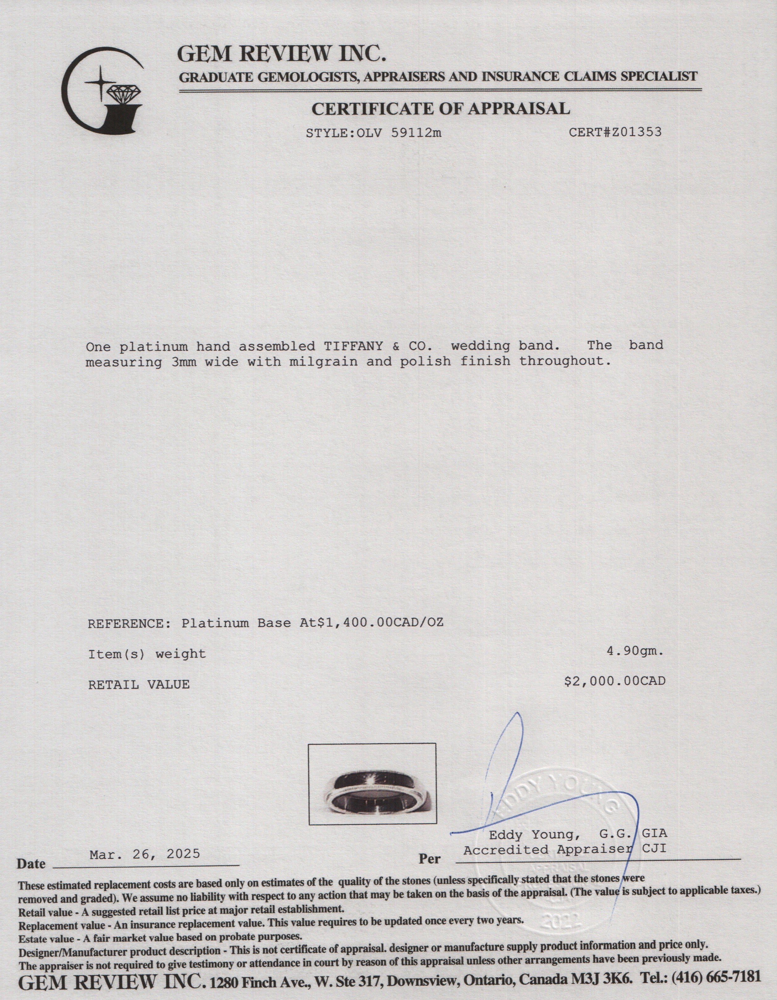 Tiffany & Co. Platinum Together Milgrain 3 MM Wedding Band Ring, Size 3.75