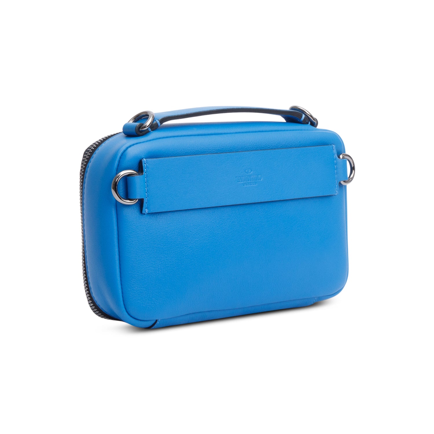 Valentino Blue Signature Leather Lacquered Vlogo Camera Crossbody Bag