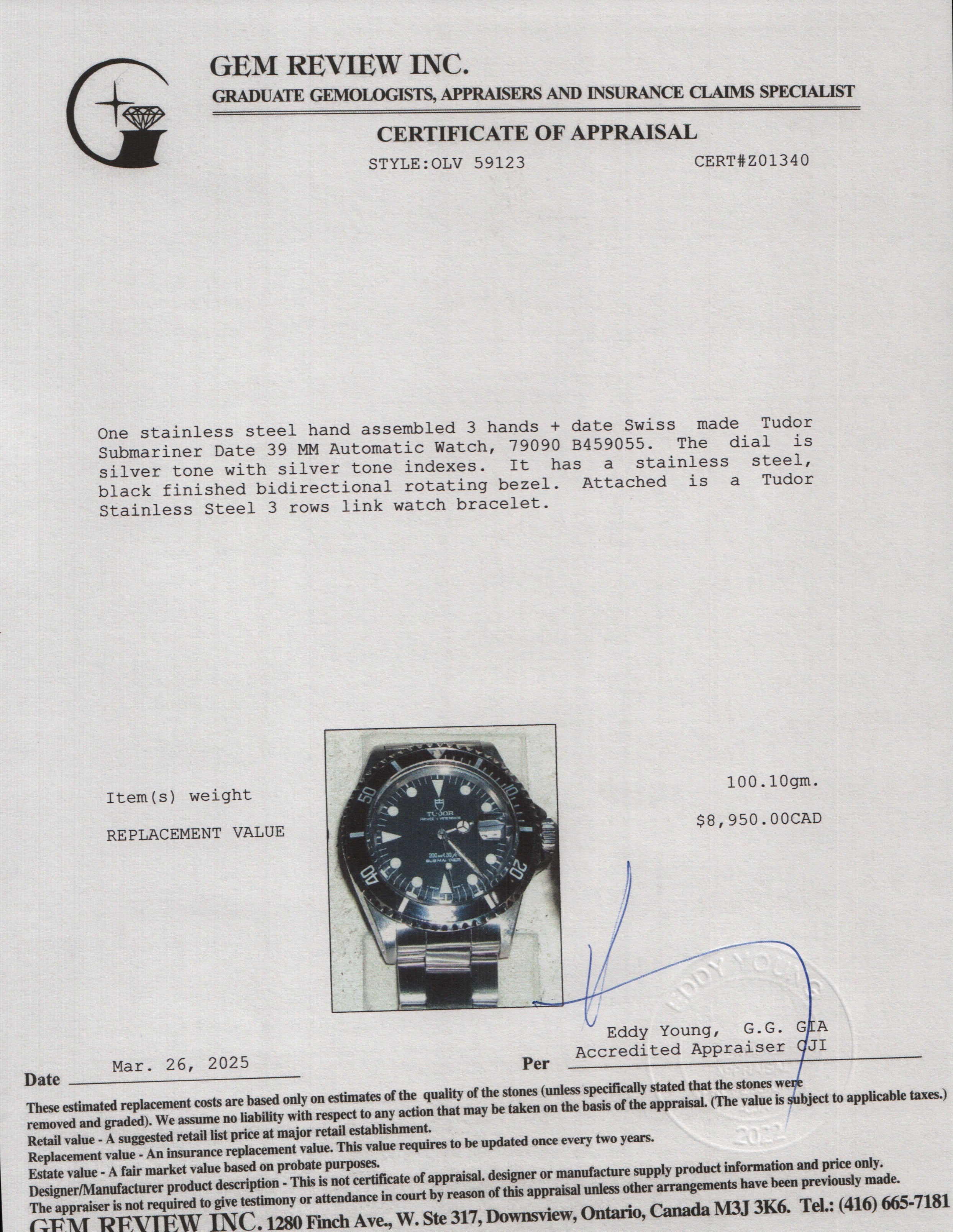 Tudor Stainless Steel Submariner Date 39 MM Automatic Watch 79090