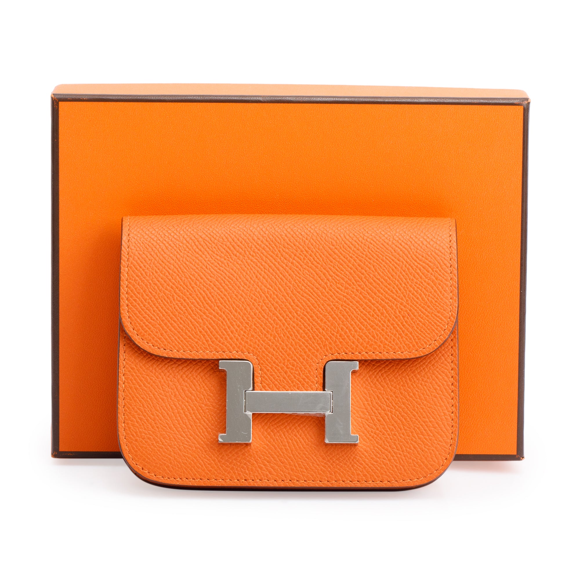 Hermes 2022 Orange Veau Epsom Constance Slim Compact Wallet w/ Box & Insert