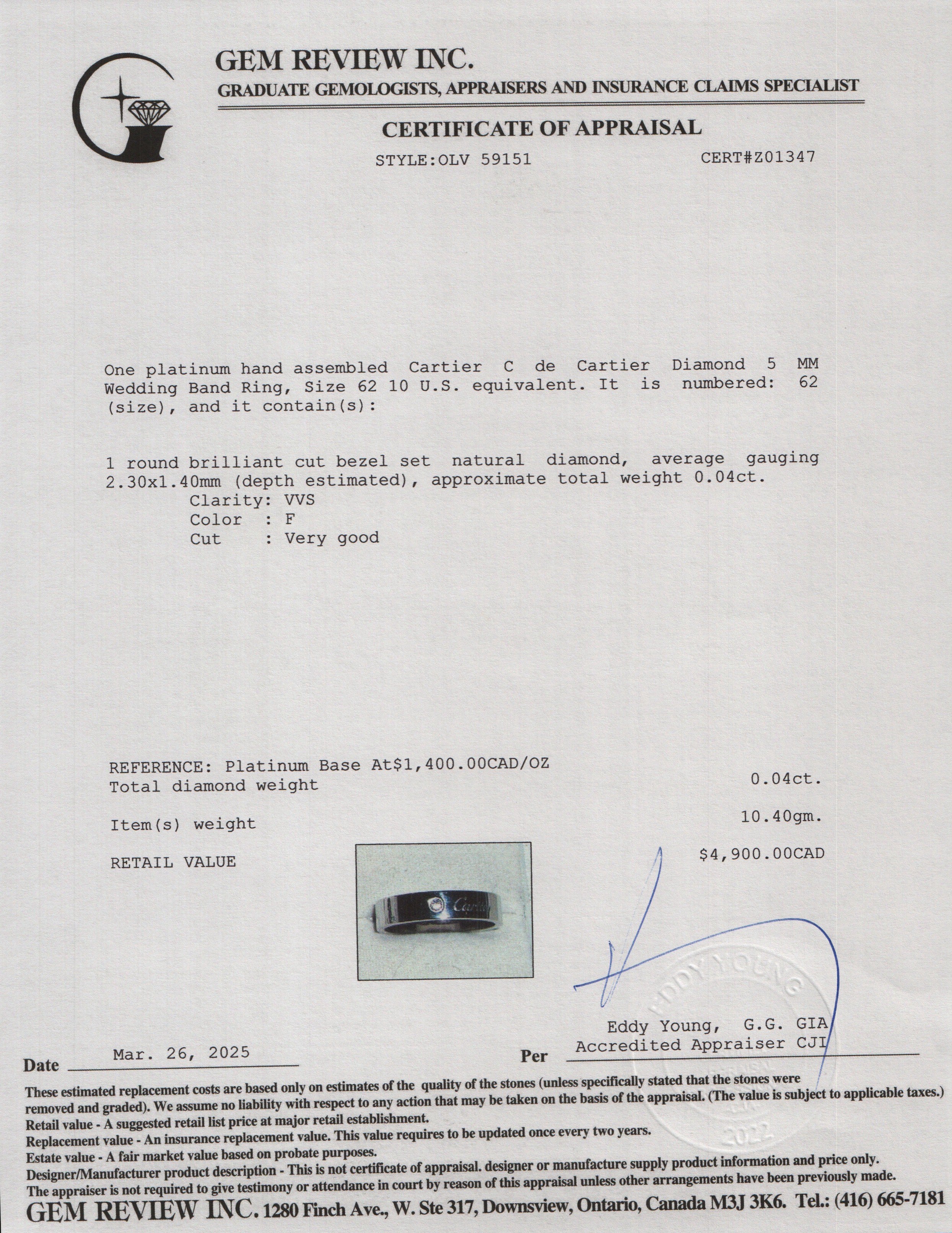 Cartier Platinum C de Cartier Diamond 5 MM Wedding Band Ring, Size 62 10