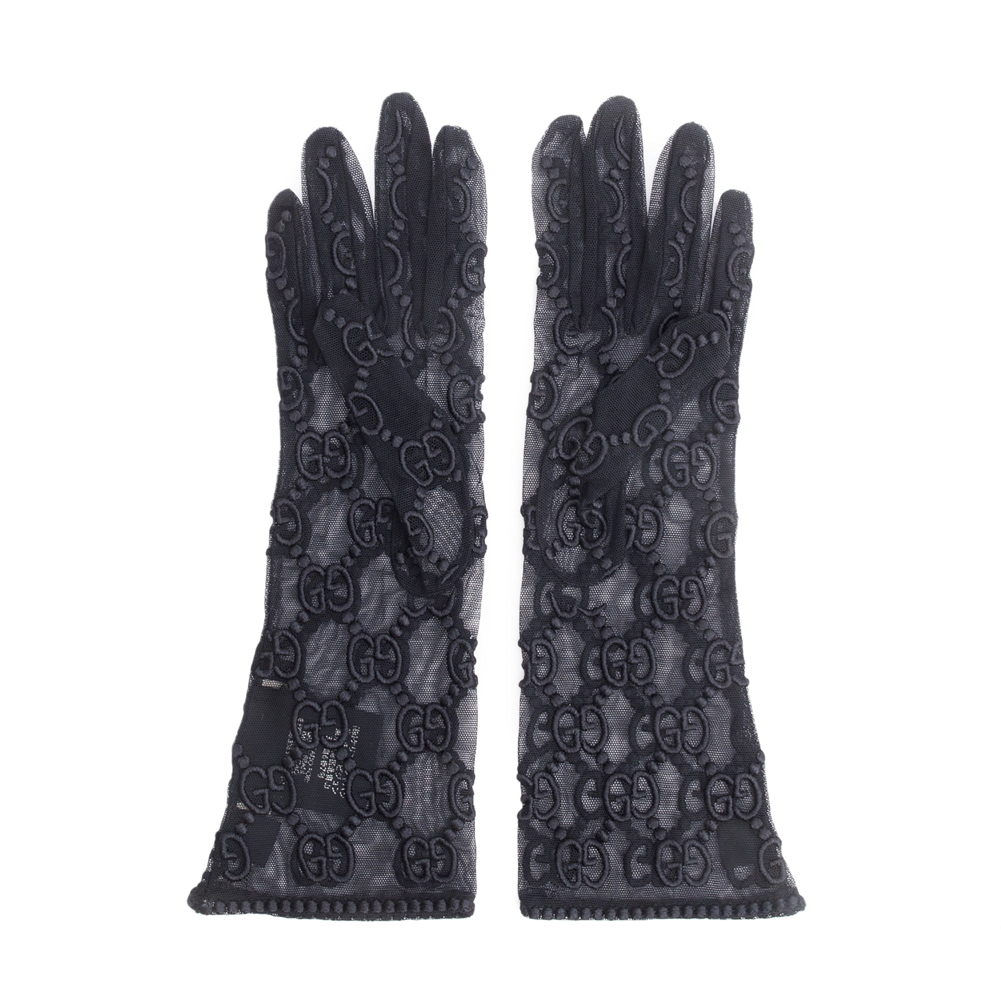 Gucci Black GG Embroidered Tulle Gloves, Size M