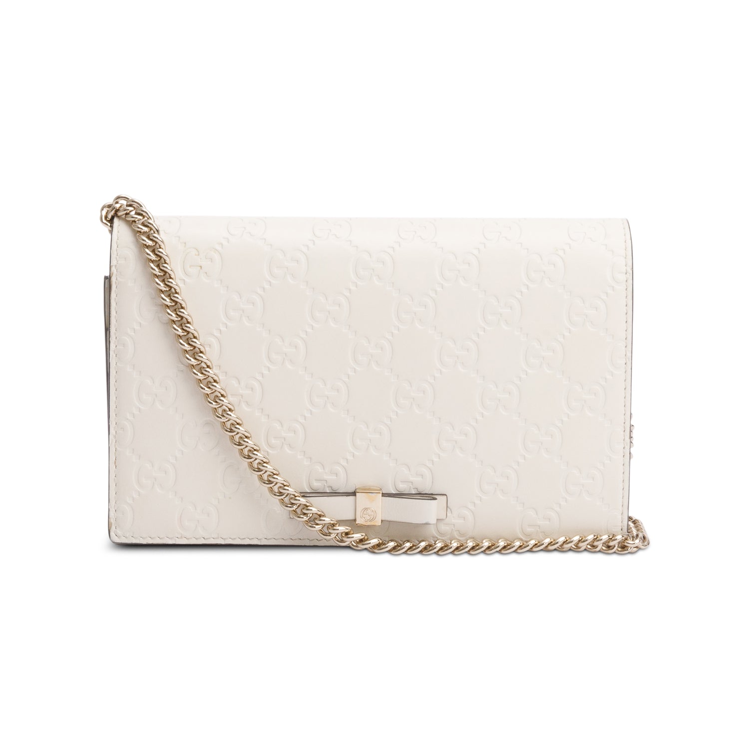 Gucci White Signature Leather Bow Mini Wallet On Chain
