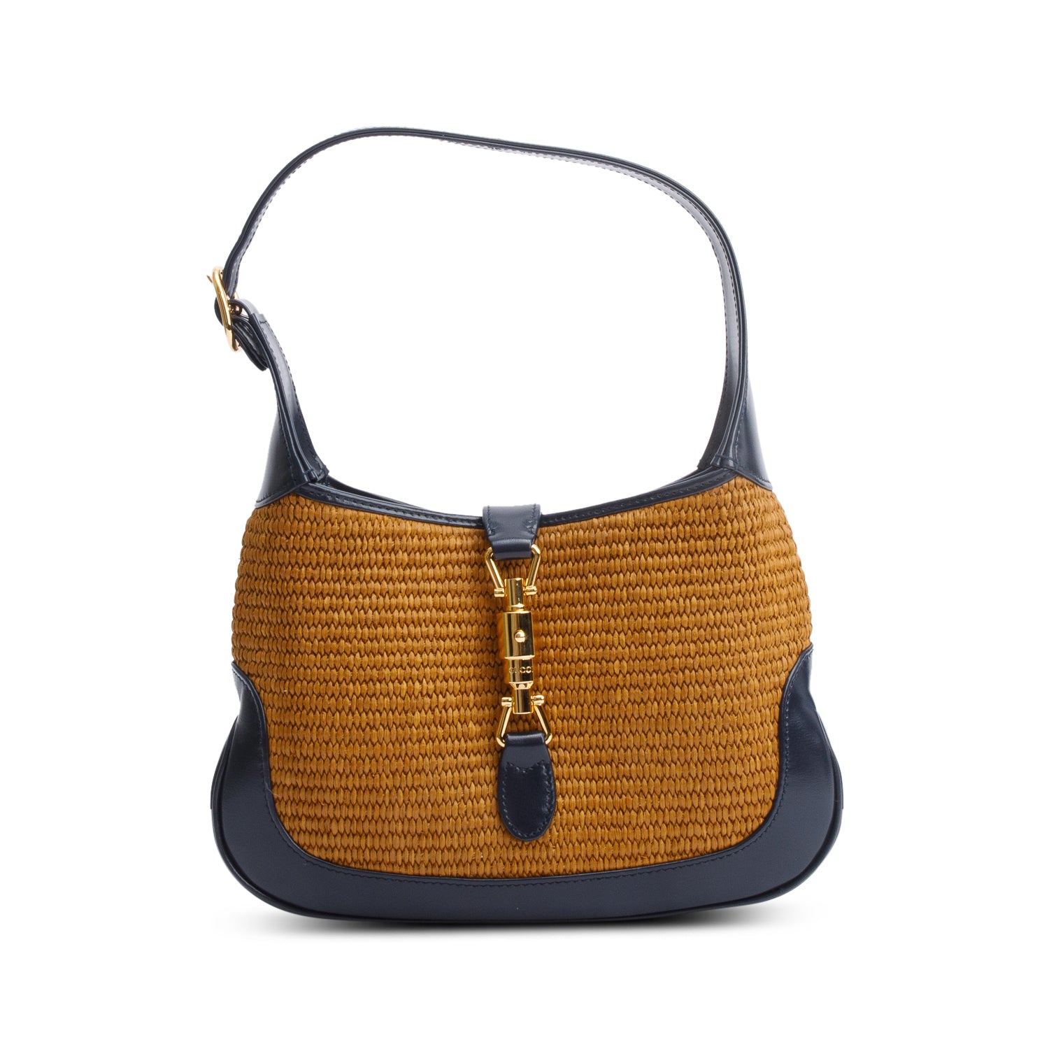 Gucci Neutral Raffia Black Leather Small Jackie 1961 Shoulder Bag w/ Strap & Box