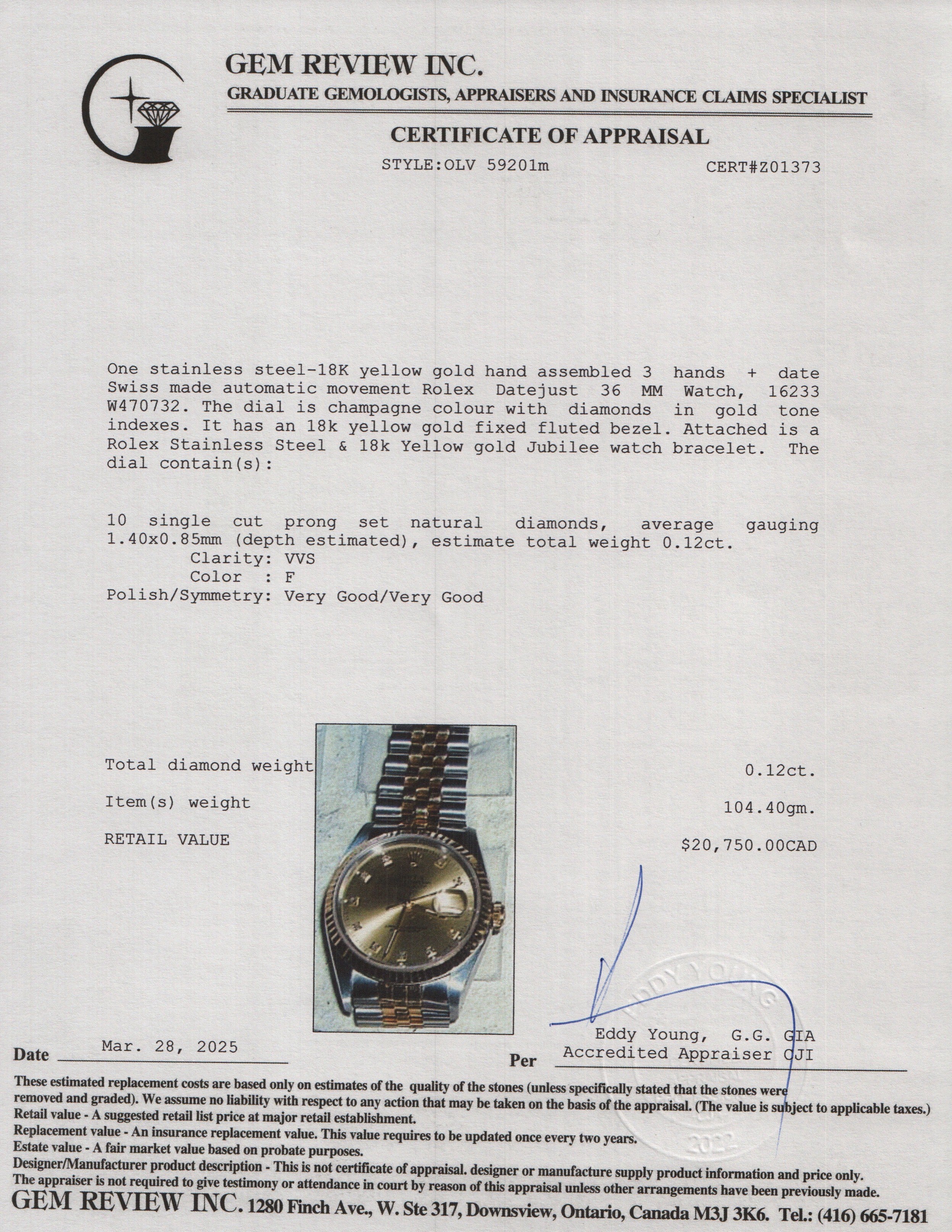 Rolex Stainless Steel & 18k Yellow Gold Diamond Dial Datejust 36 MM Watch 16233