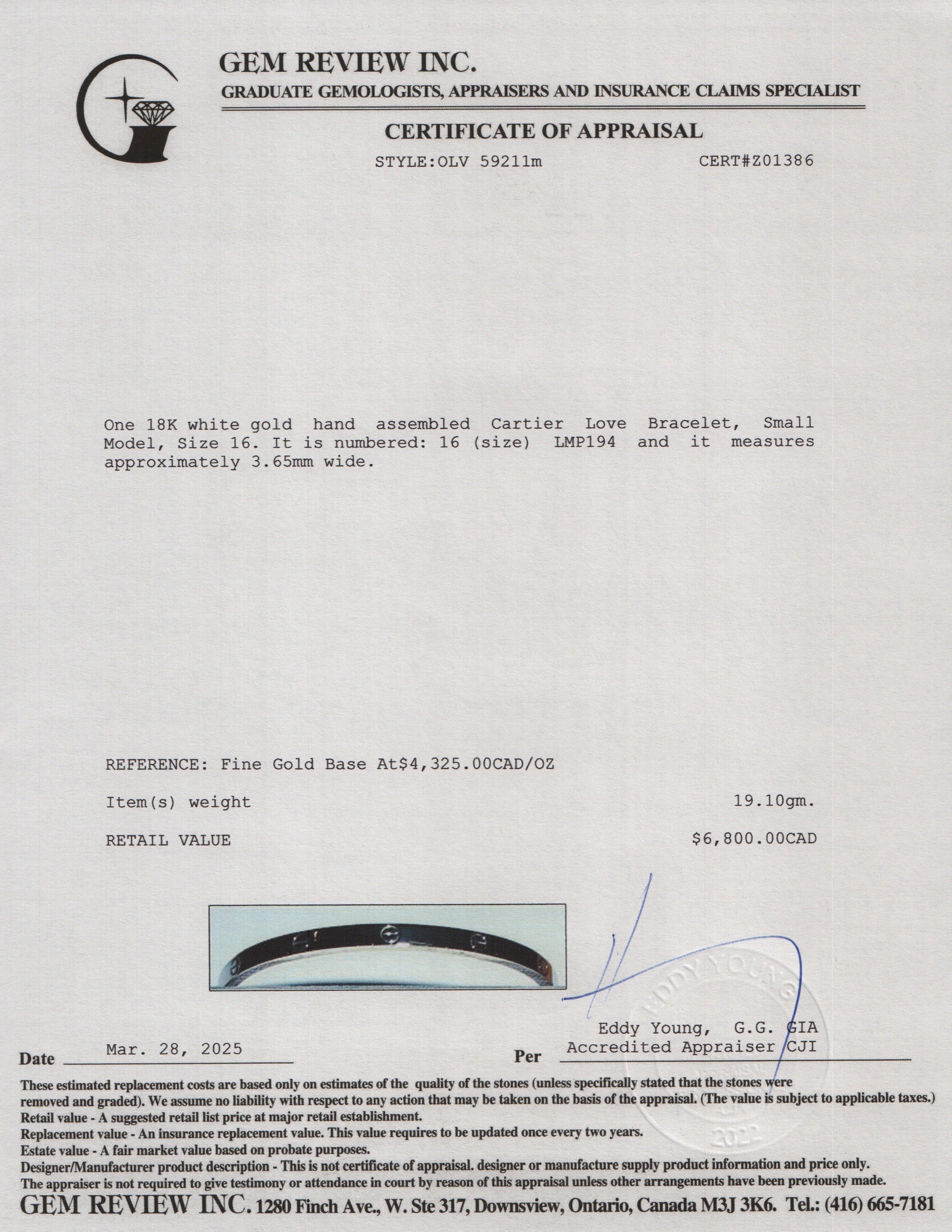 Cartier 18k White Gold 3.65 MM Love Bracelet, Small Model, Size 16 w/ Box