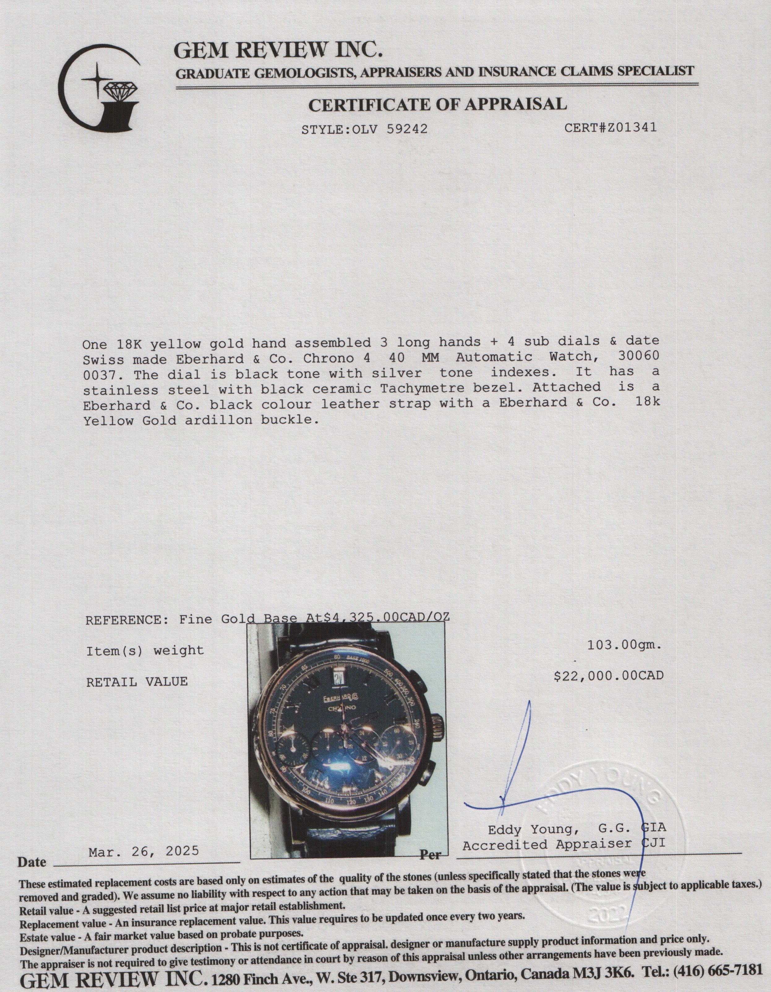 Eberhard & Co. 18k Yellow Gold Chrono 4 40 MM Automatic Watch Black Dial w/ Box & Papers