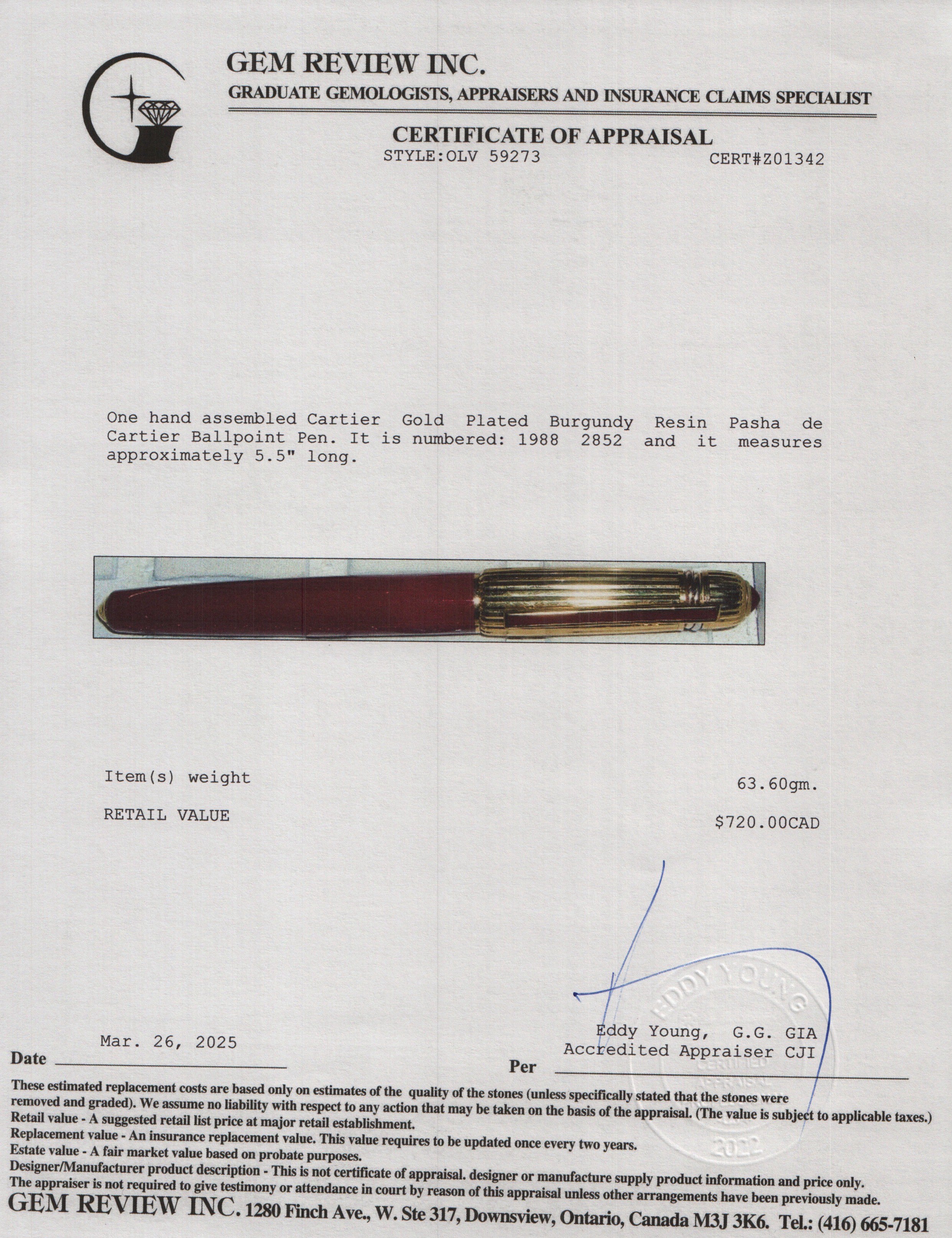 Cartier Gold Plated Burgundy Resin Pasha de Cartier Ballpoint Pen