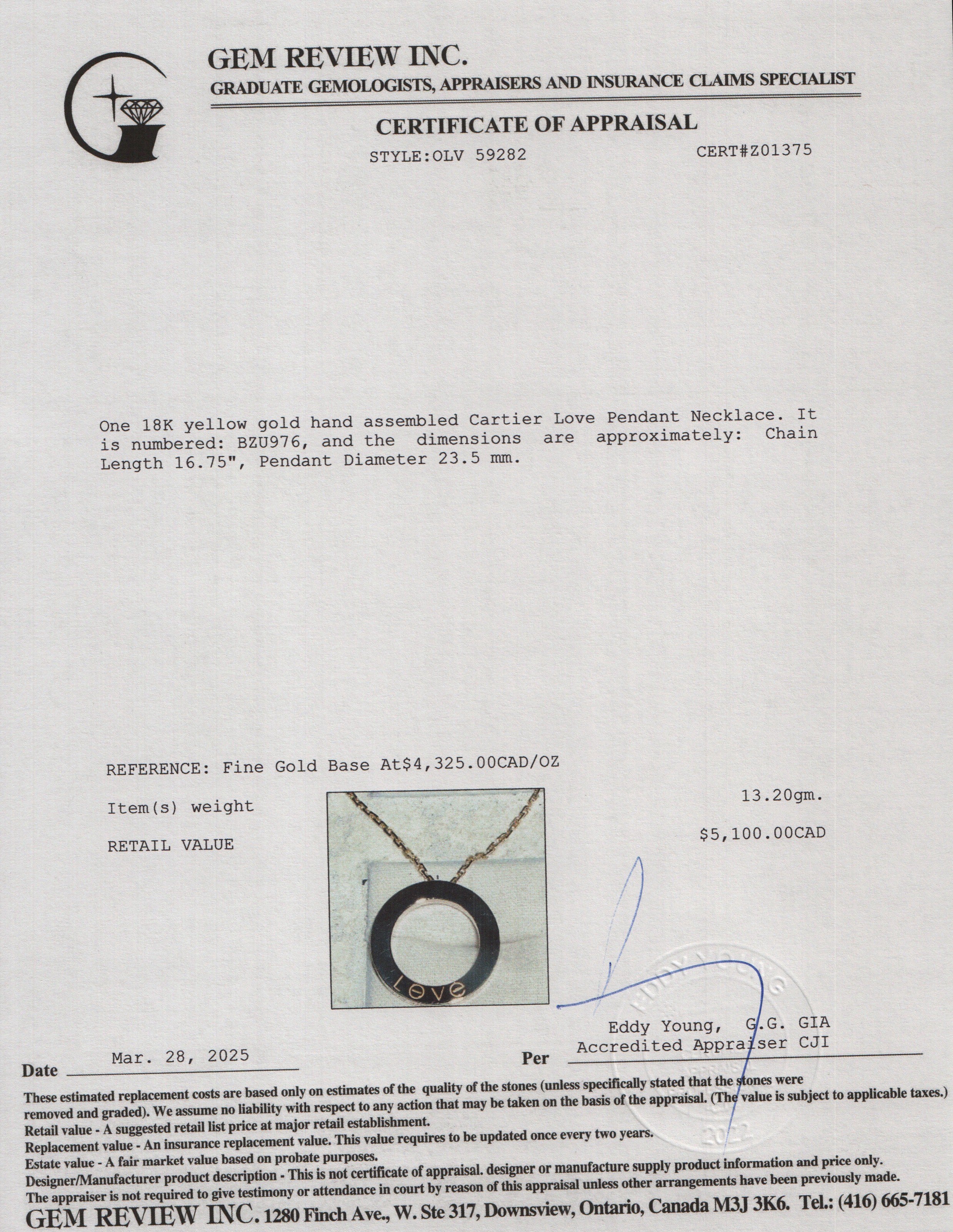 Cartier 18k Yellow Gold Love Pendant Necklace w/ Box & Certificate