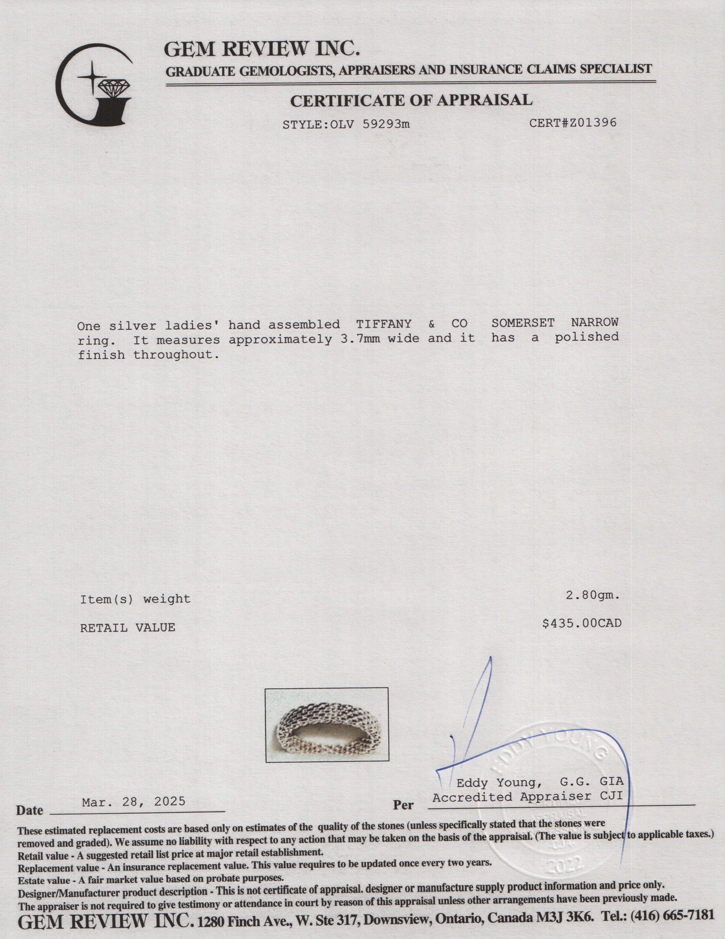 Tiffany & Co. Sterling Silver Narrow Somerset Ring, Size 5.75