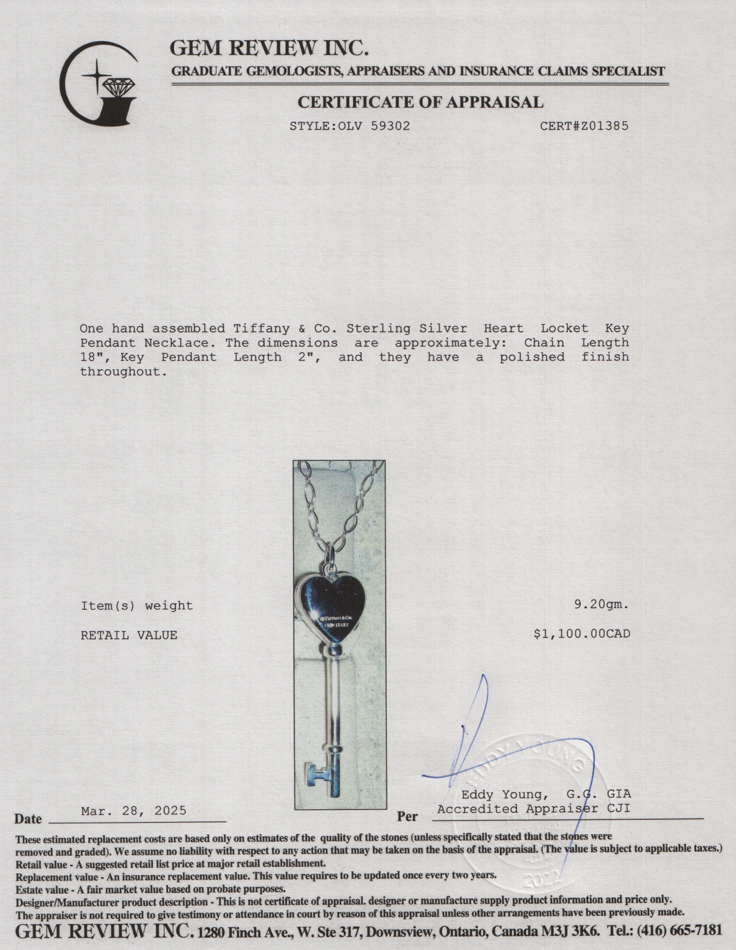 Tiffany & Co. Sterling Silver Heart Locket Key Pendant Necklace