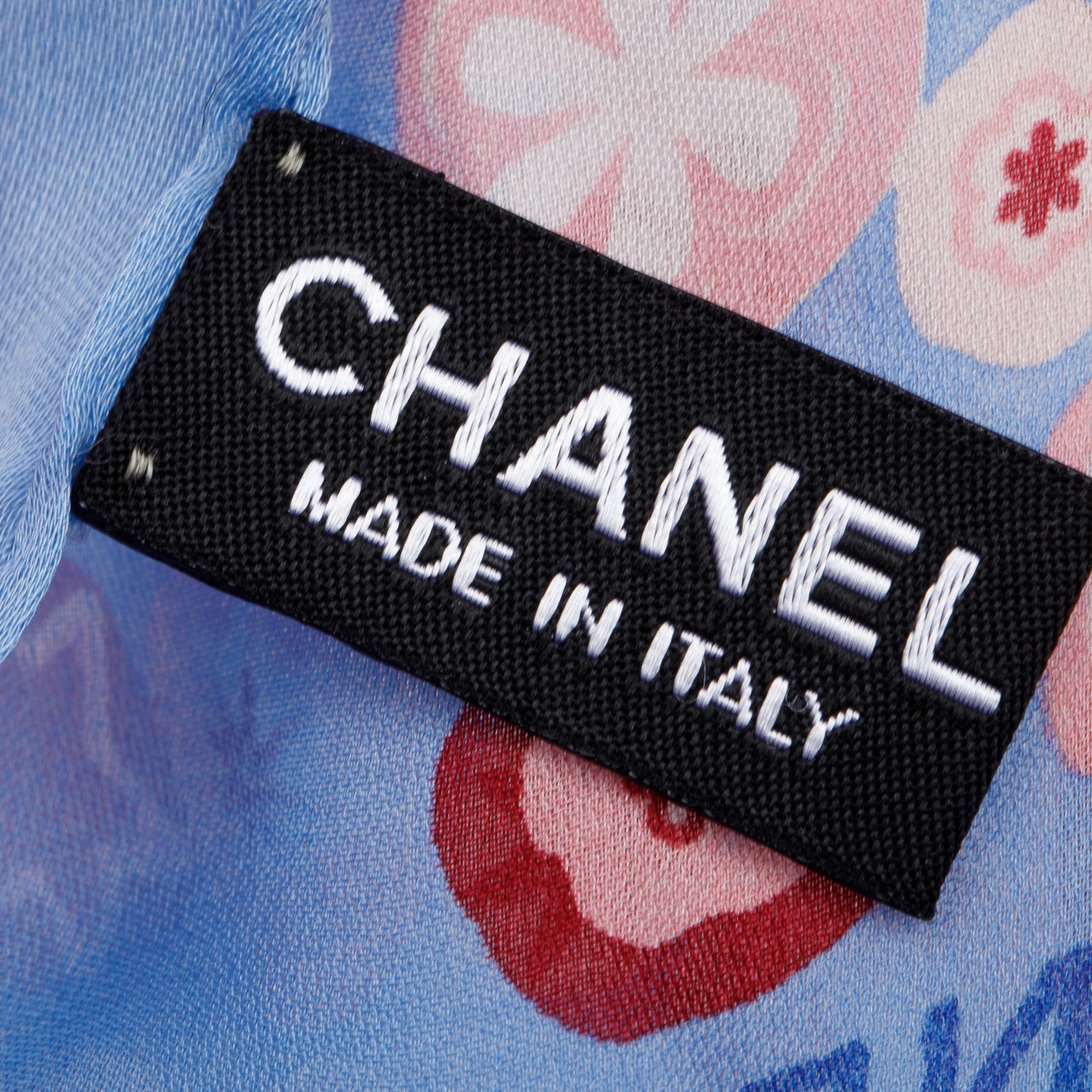 Chanel Blue Multicolor Logo Print Silk Square Scarf